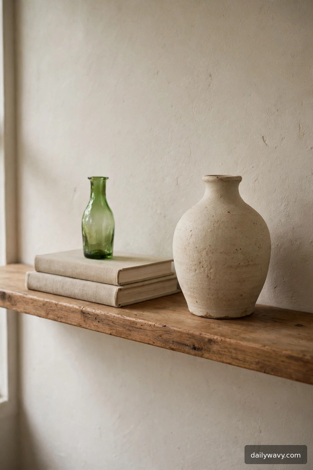 Restrained shelf vignette with two thrifted vases and a small book stack