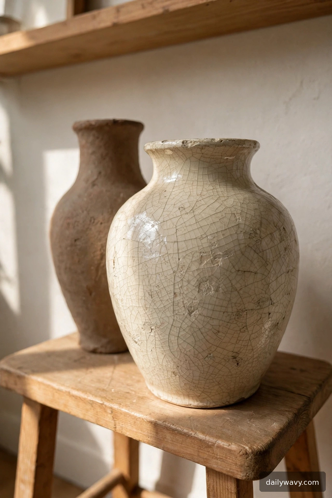 Thrifted vases with textured glaze against a neutral warm-white wall