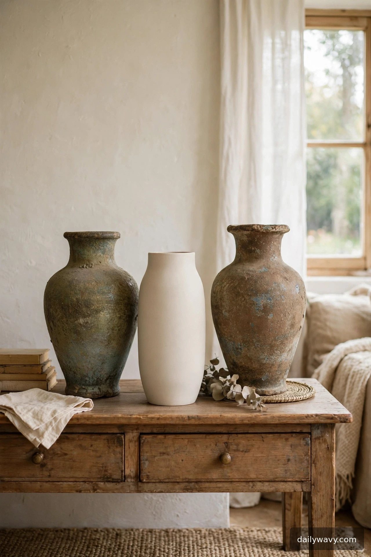 Mixed old and new grouping of thrifted vases beside a modern vase