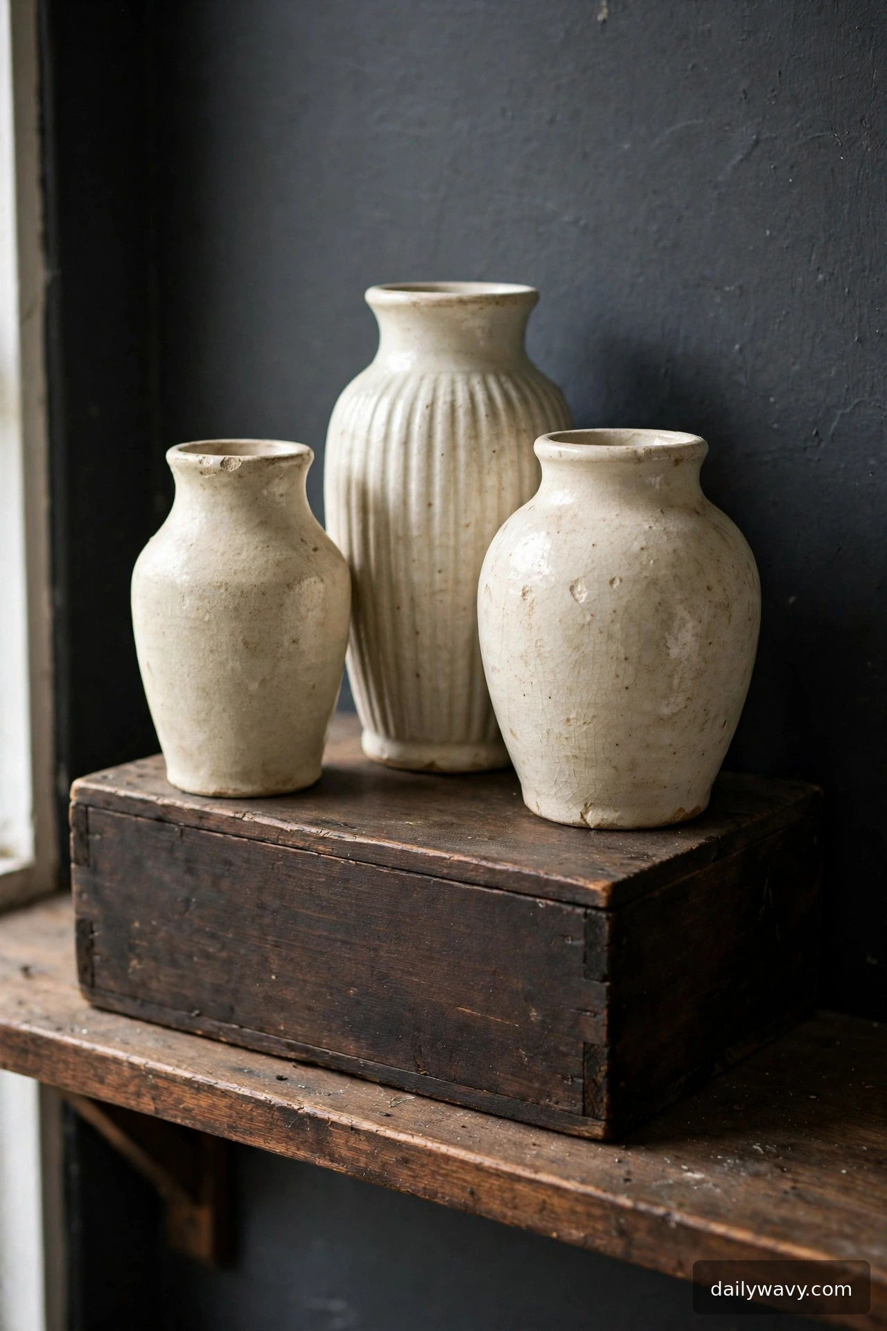 Light thrifted vases against a dark painted wall backdrop
