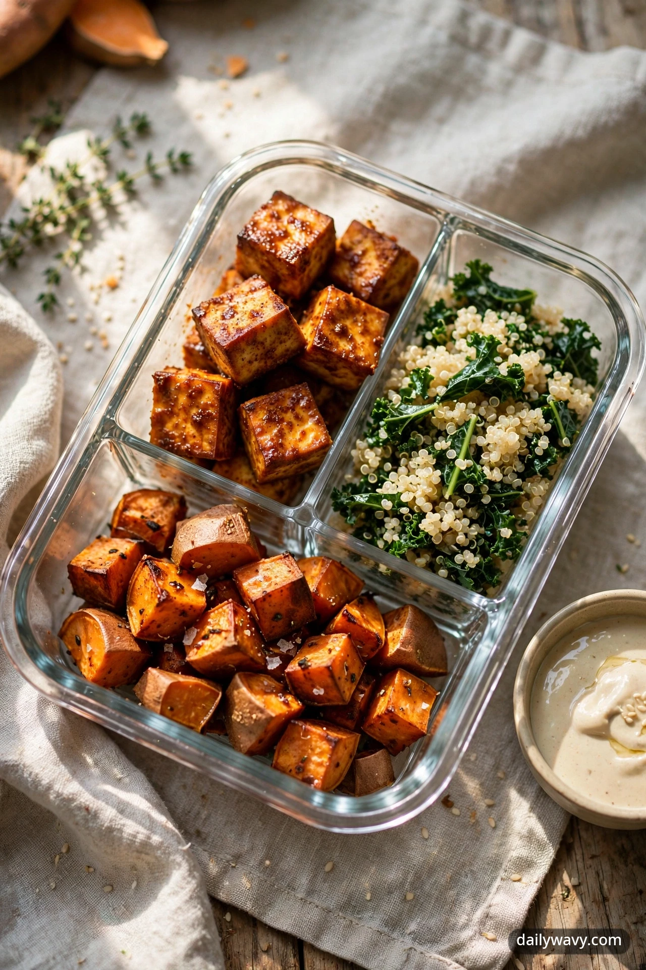 Divided meal-prep container with paprika-maple tofu, roasted sweet potato cubes, quinoa, and kale