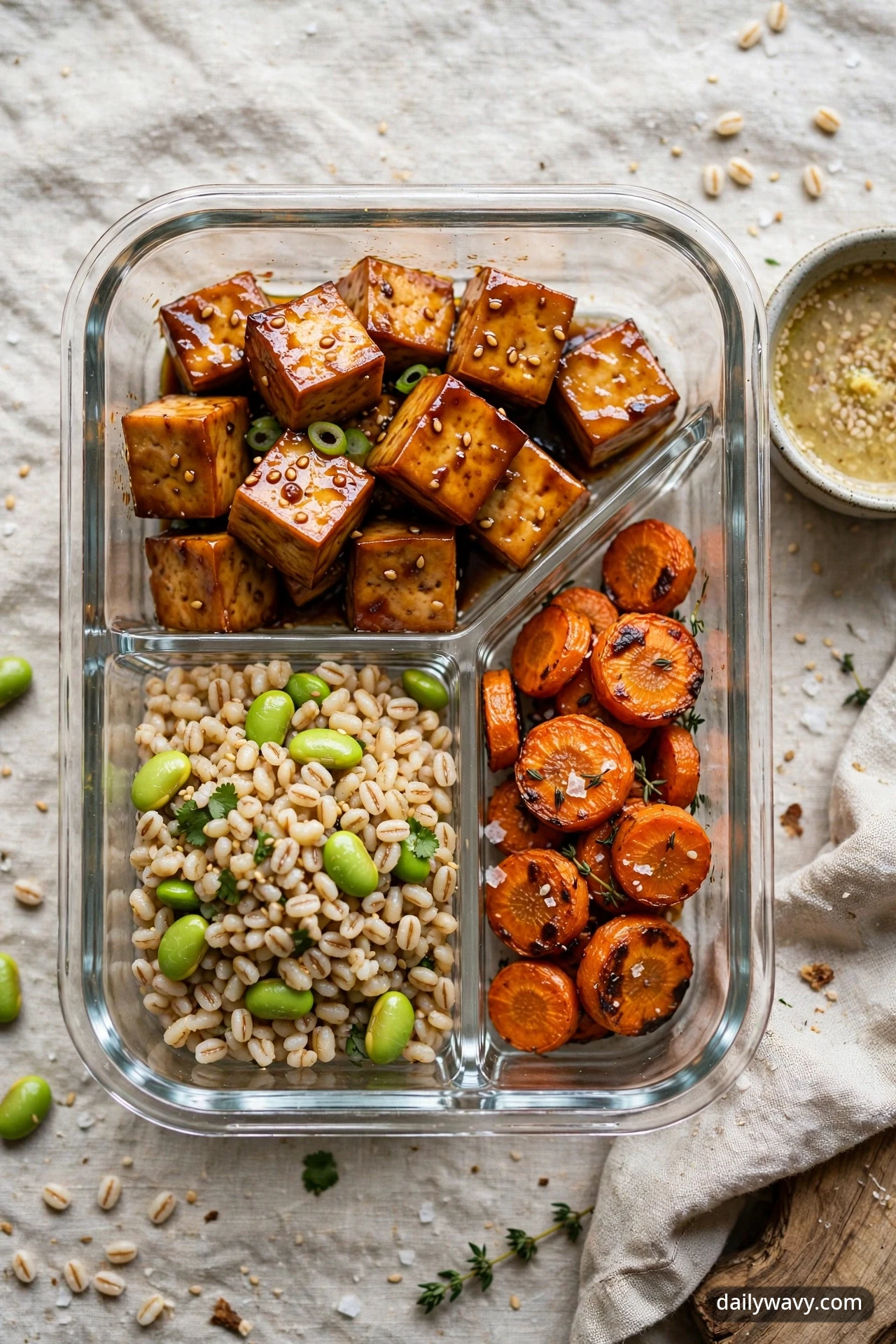 Overhead view of meal-prep box with chewy pearl barley, roasted carrots, soy-maple tofu, and edamame