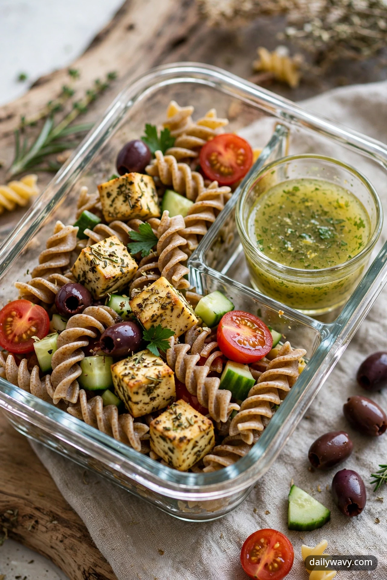 Meal-prep container with wholegrain fusilli pasta salad, Italian-herb tofu, cherry tomatoes, cucumber, and olives