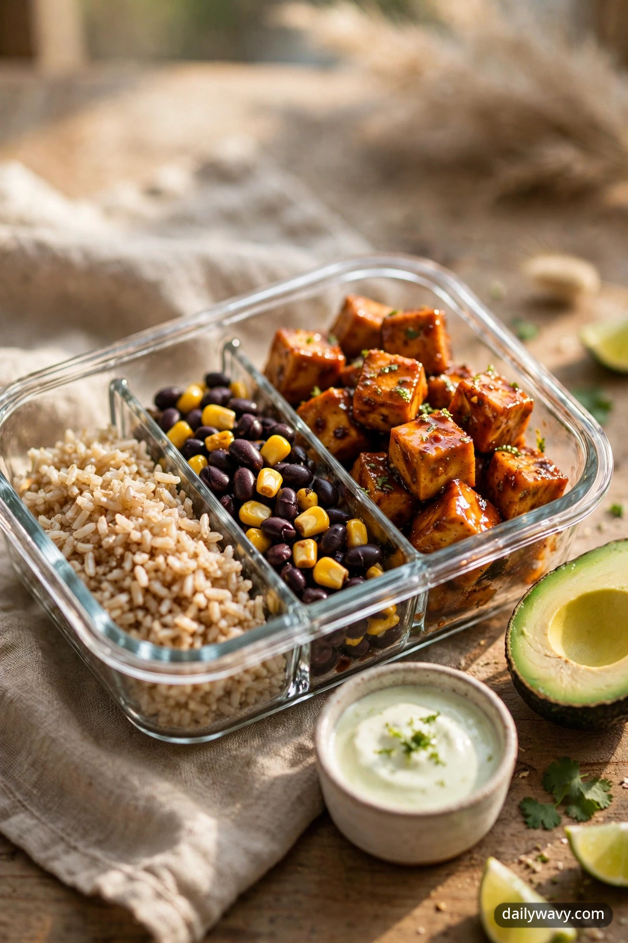 Meal-prep box with brown rice, black beans, corn, chipotle-lime tofu, and a cup of lime crema