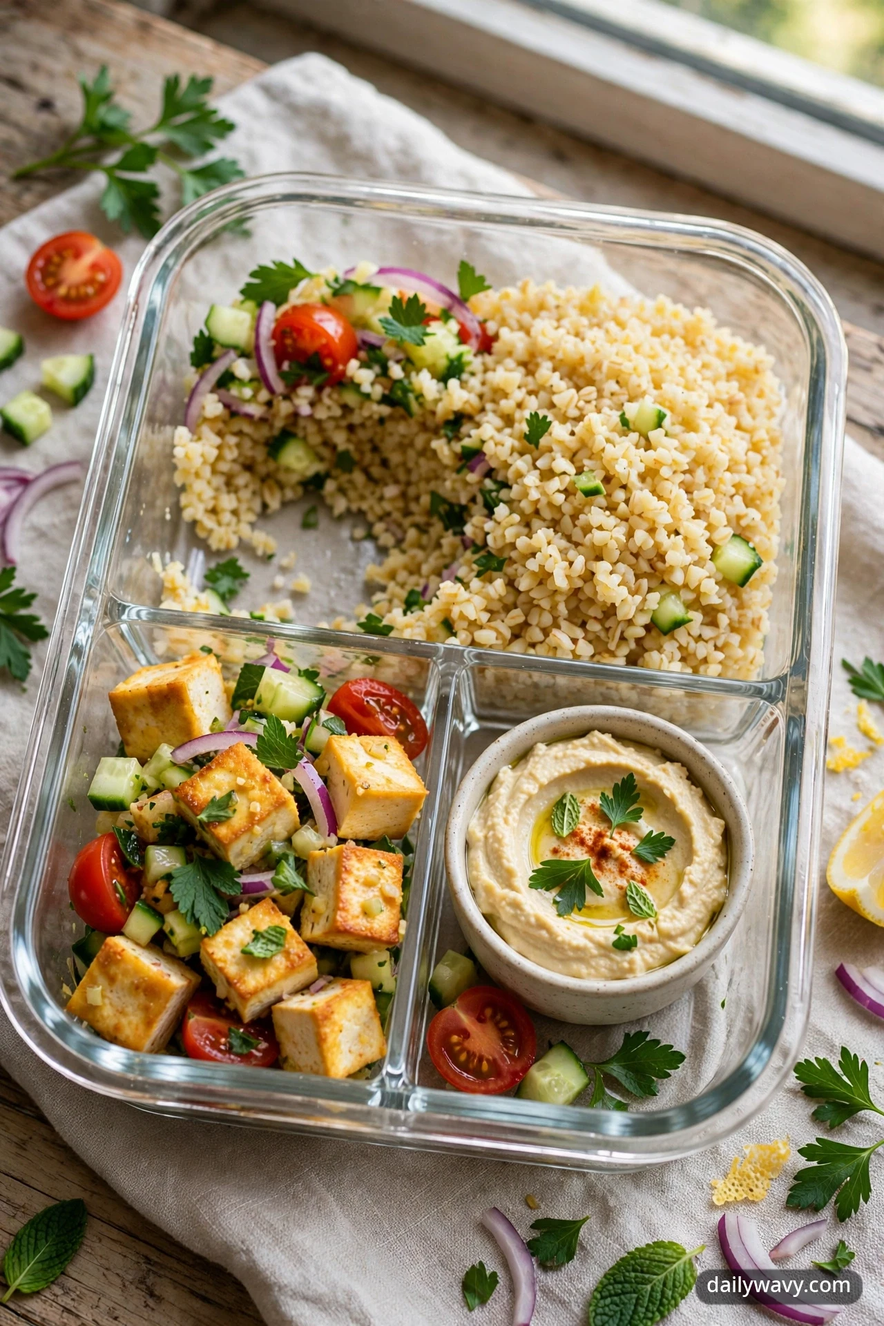 Meal-prep box with fluffy bulgur, cucumber, cherry tomatoes, herbs, lemon-garlic tofu, and hummus