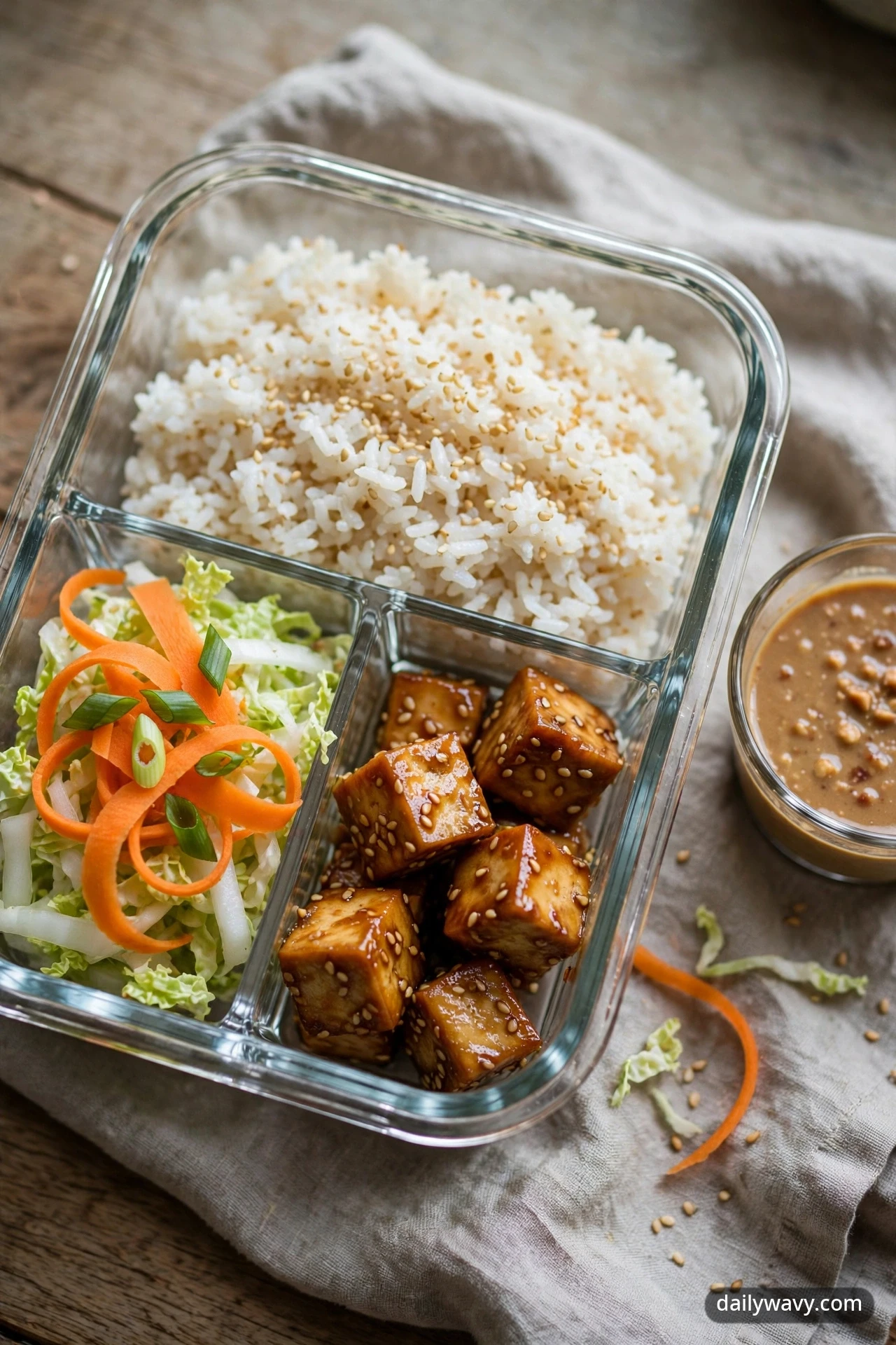 Meal-prep box with sesame rice, shredded napa cabbage, pickled carrots, scallions, and sesame-ginger tofu