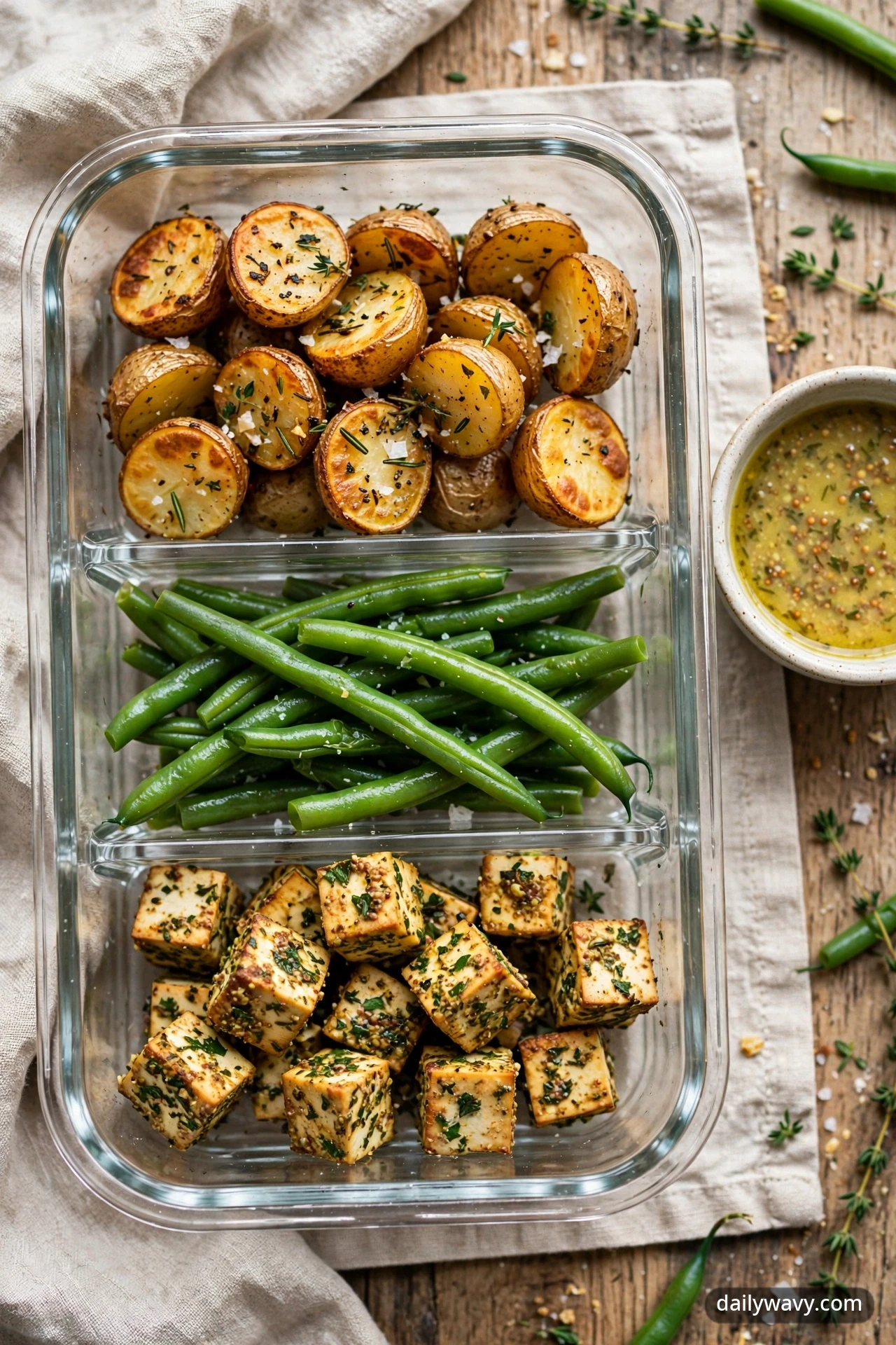Overhead view of meal-prep box with crispy roasted baby potatoes, blanched green beans, and Dijon-herb tofu