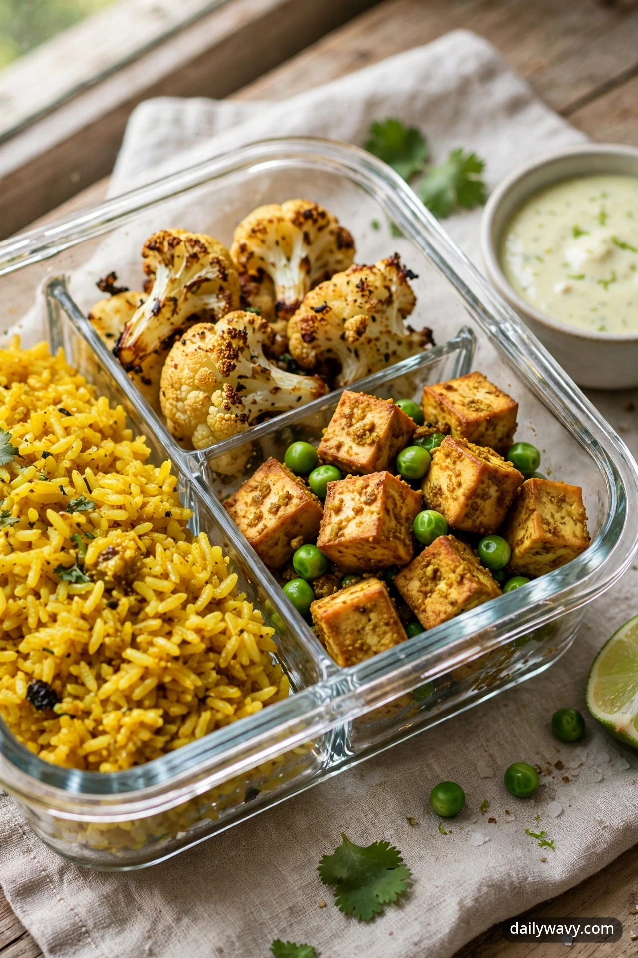 Meal-prep box with golden curry rice, roasted cauliflower, curried tofu, and peas with coconut lime dressing