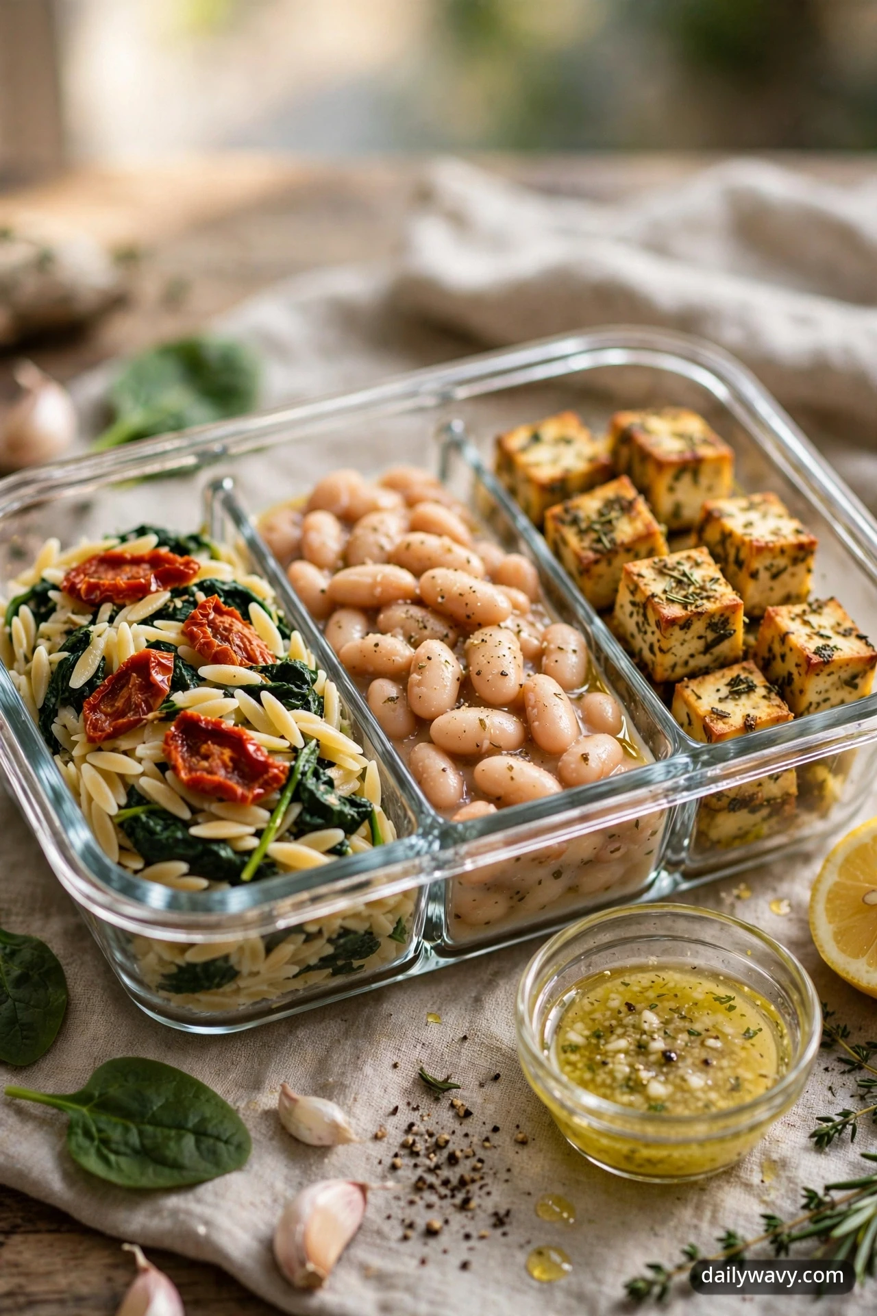 Meal-prep box with orzo and wilted spinach, sun-dried tomatoes, cannellini beans, and Italian-herb tofu