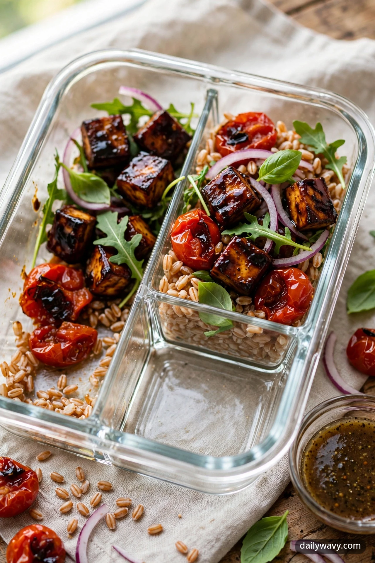 Meal-prep box with chewy farro, jammy roasted cherry tomatoes, balsamic tofu, arugula, and fresh basil