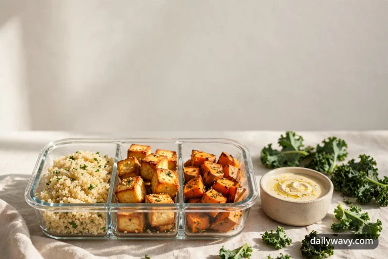 Tofu lunch meal-prep box with roasted sweet potato, quinoa, and tofu in a divided container, with kale leaves and a tahini sauce bowl beside it