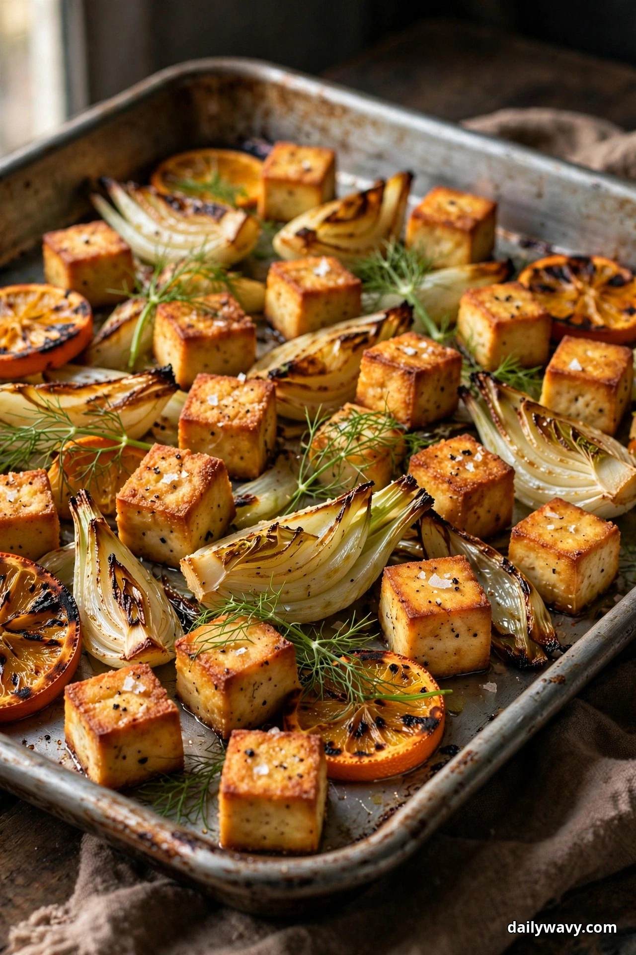 A close view of a sheet pan with golden tofu cubes, caramelized fennel wedges and charred orange rounds scattered with feathery fennel fronds