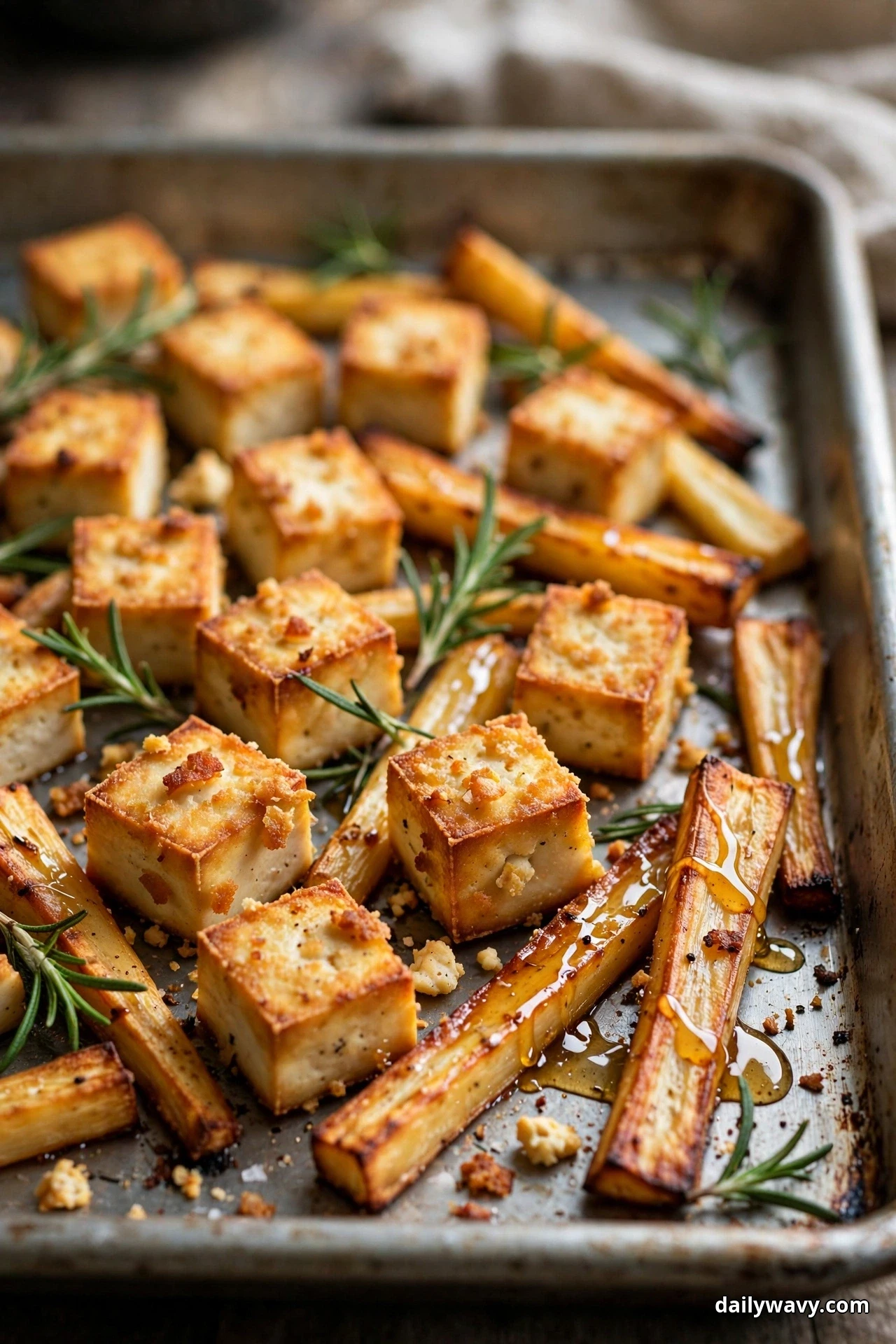 Golden tofu cubes and caramelized parsnip batons glisten with a honey glaze on a sheet pan scattered with fresh rosemary sprigs