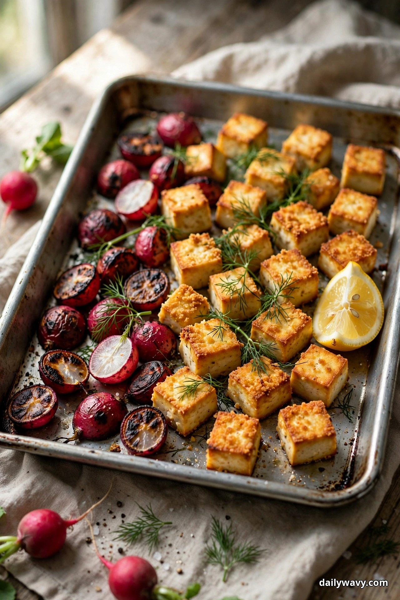 Charred halved radishes and golden tofu cubes share a sheet pan scattered with fresh dill fronds, with a lemon wedge resting on the pan