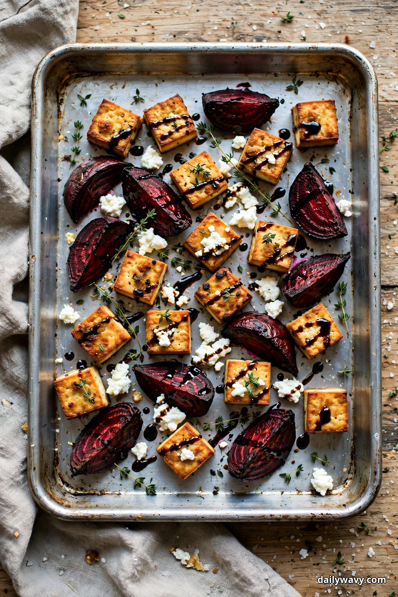 Seen from above, a sheet pan of roasted beet wedges and golden tofu cubes is drizzled with balsamic glaze and dotted with crumbled goat cheese and fresh thyme leaves