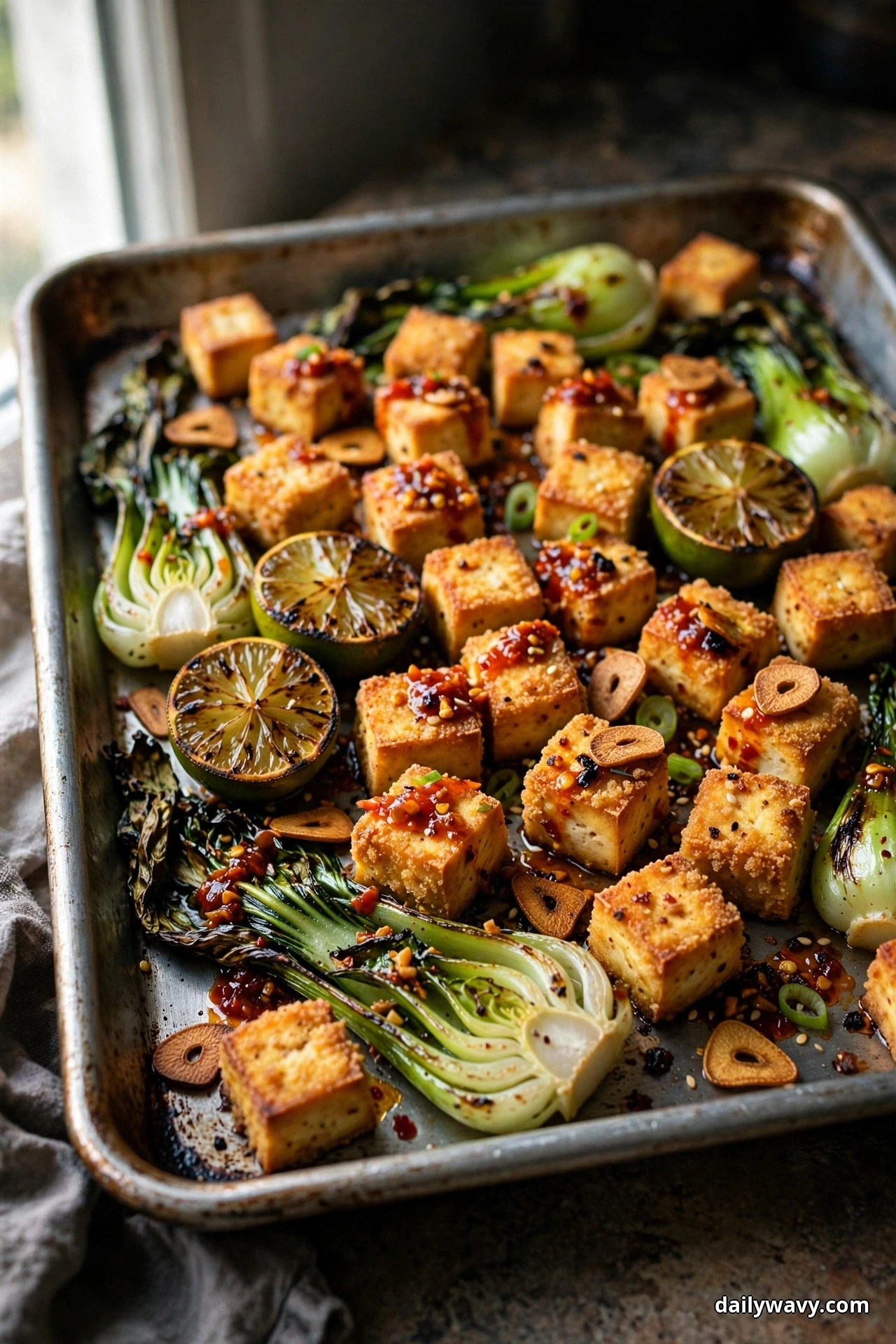 Golden tofu cubes glossed with chili-garlic sauce fill a sheet pan with charred baby bok choy halves, charred lime halves and crisp sliced garlic