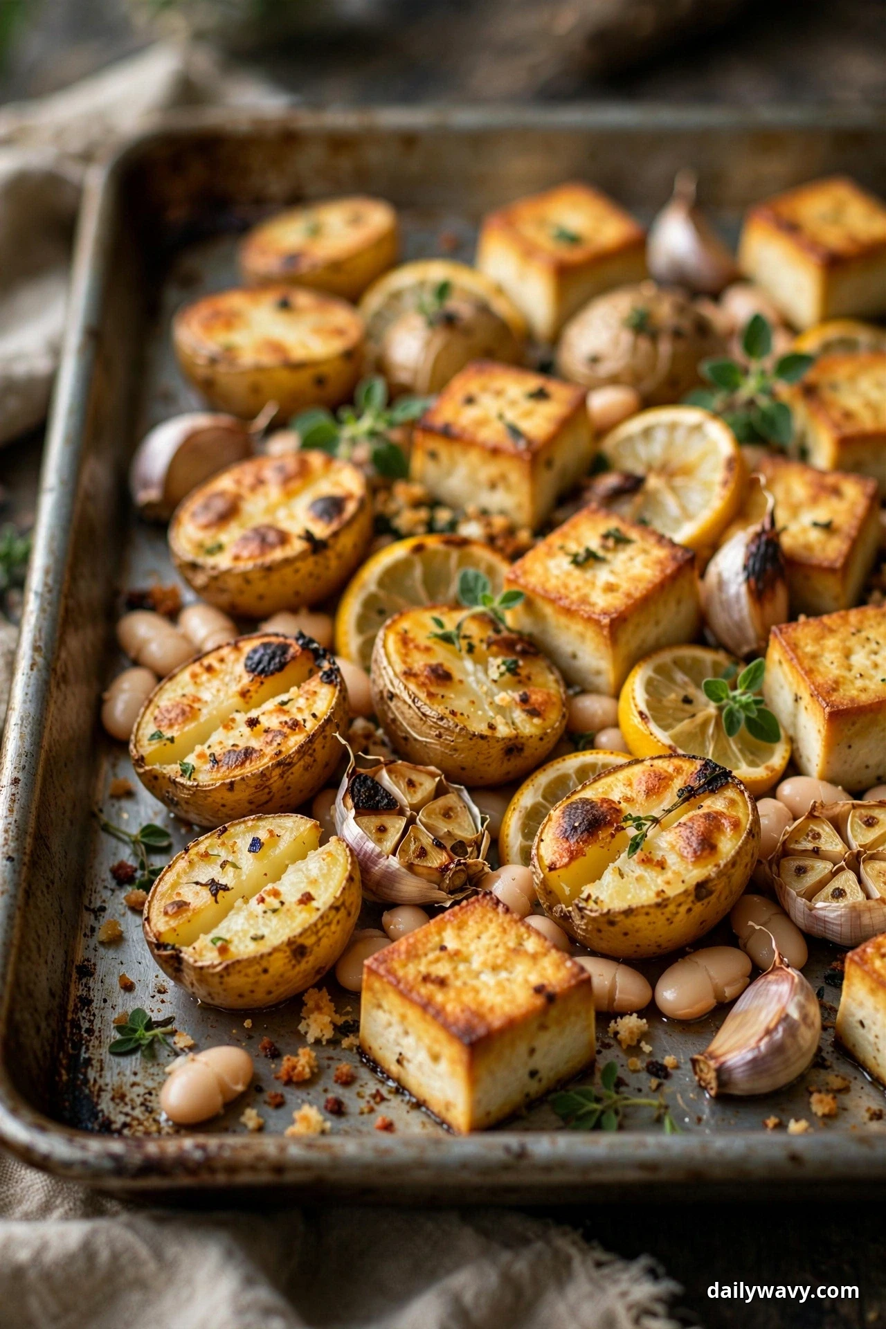 Crispy halved baby potatoes, golden tofu cubes, white cannellini beans, lemon slices and whole roasted garlic cloves fill a sheet pan in a close view