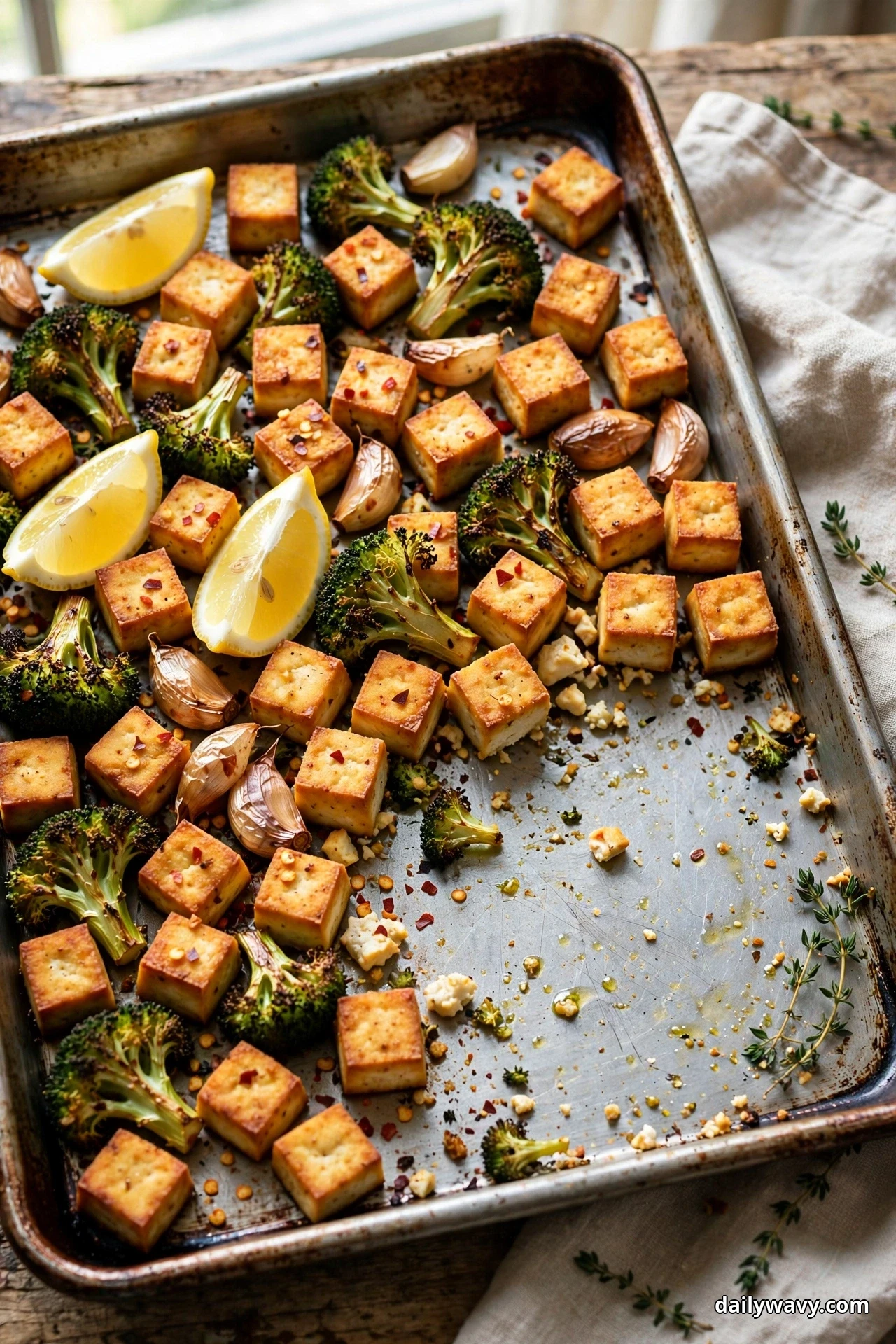 Golden tofu cubes, charred broccoli florets and whole roasted garlic cloves share a sheet pan with one serving removed, with lemon wedges and a pinch of red pepper flakes