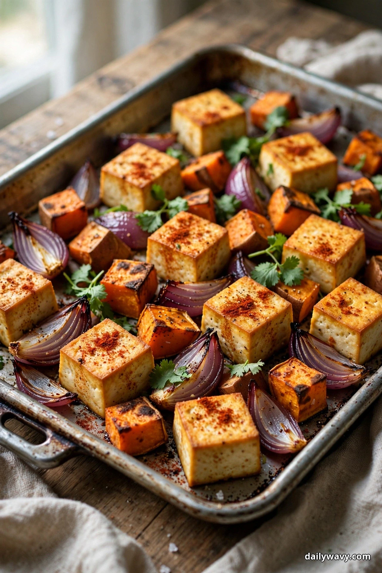 Golden tofu cubes dusted with smoked paprika sit on a sheet pan with caramelized sweet potato cubes and red onion wedges, scattered with fresh cilantro leaves