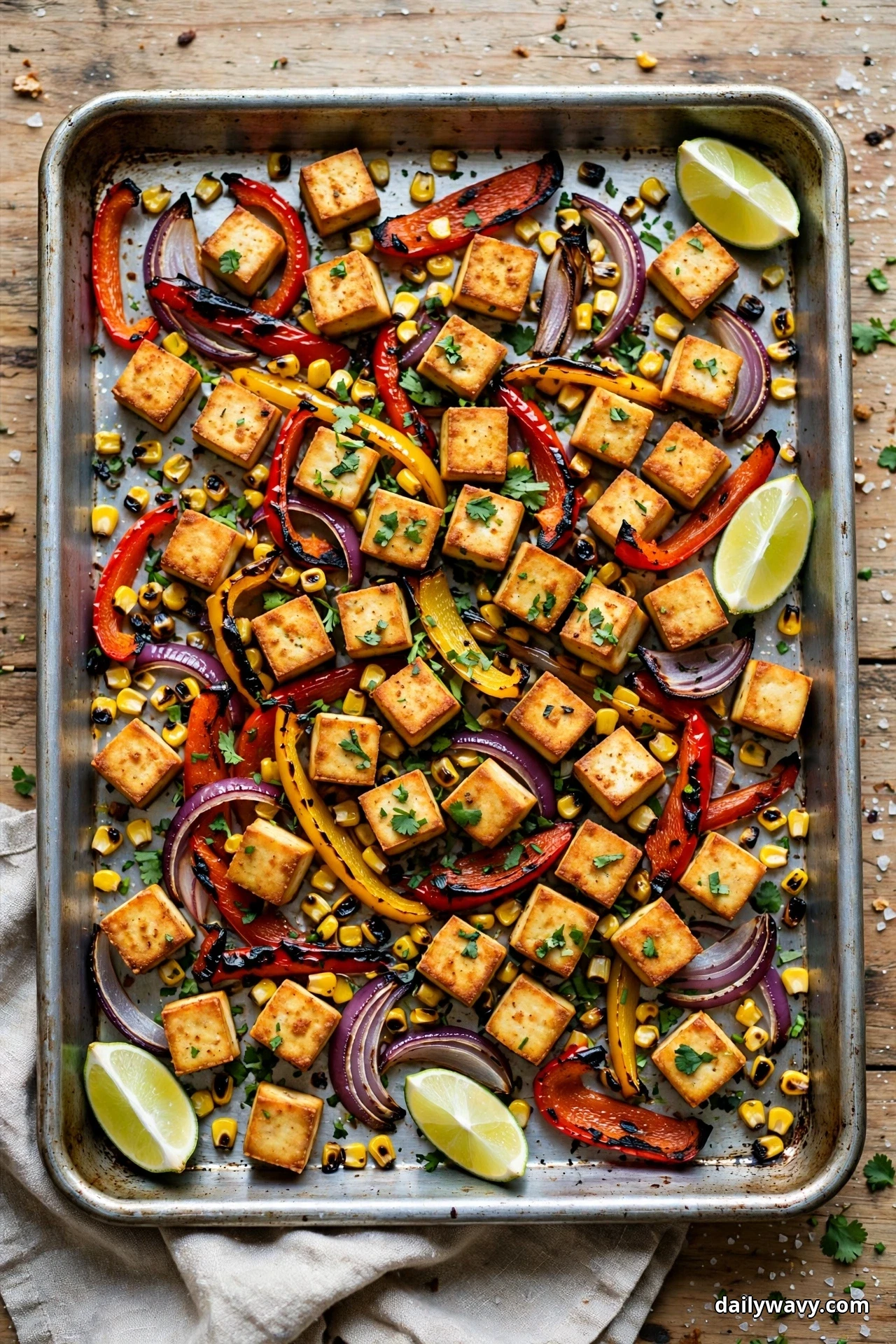 Seen from above, a sheet pan of golden tofu cubes, charred bell pepper strips, toasted corn kernels and red onion is finished with chopped cilantro and lime wedges