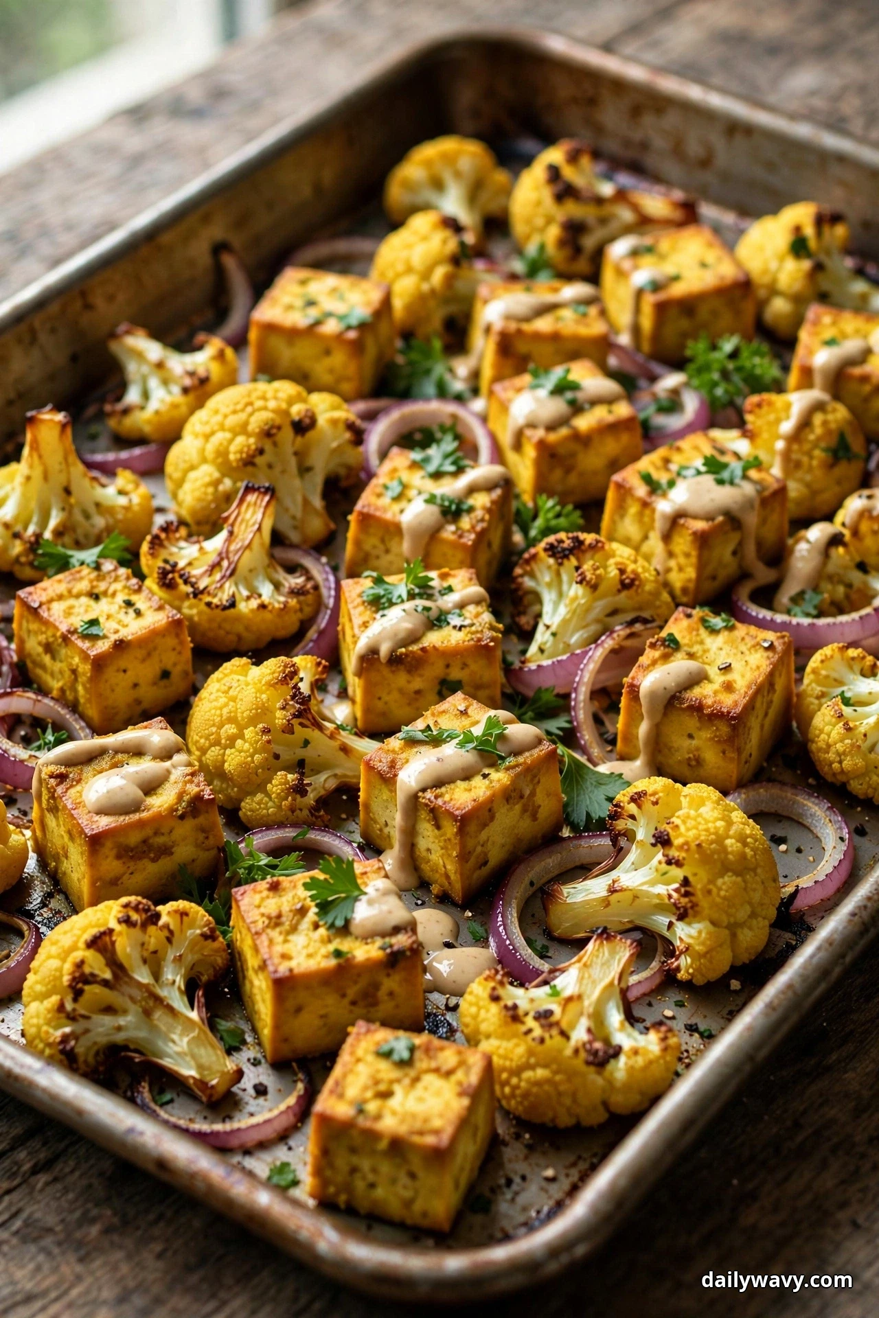 Turmeric-gold tofu cubes and roasted cauliflower florets share a sheet pan with red onion rings, drizzled with tahini sauce and scattered with chopped parsley
