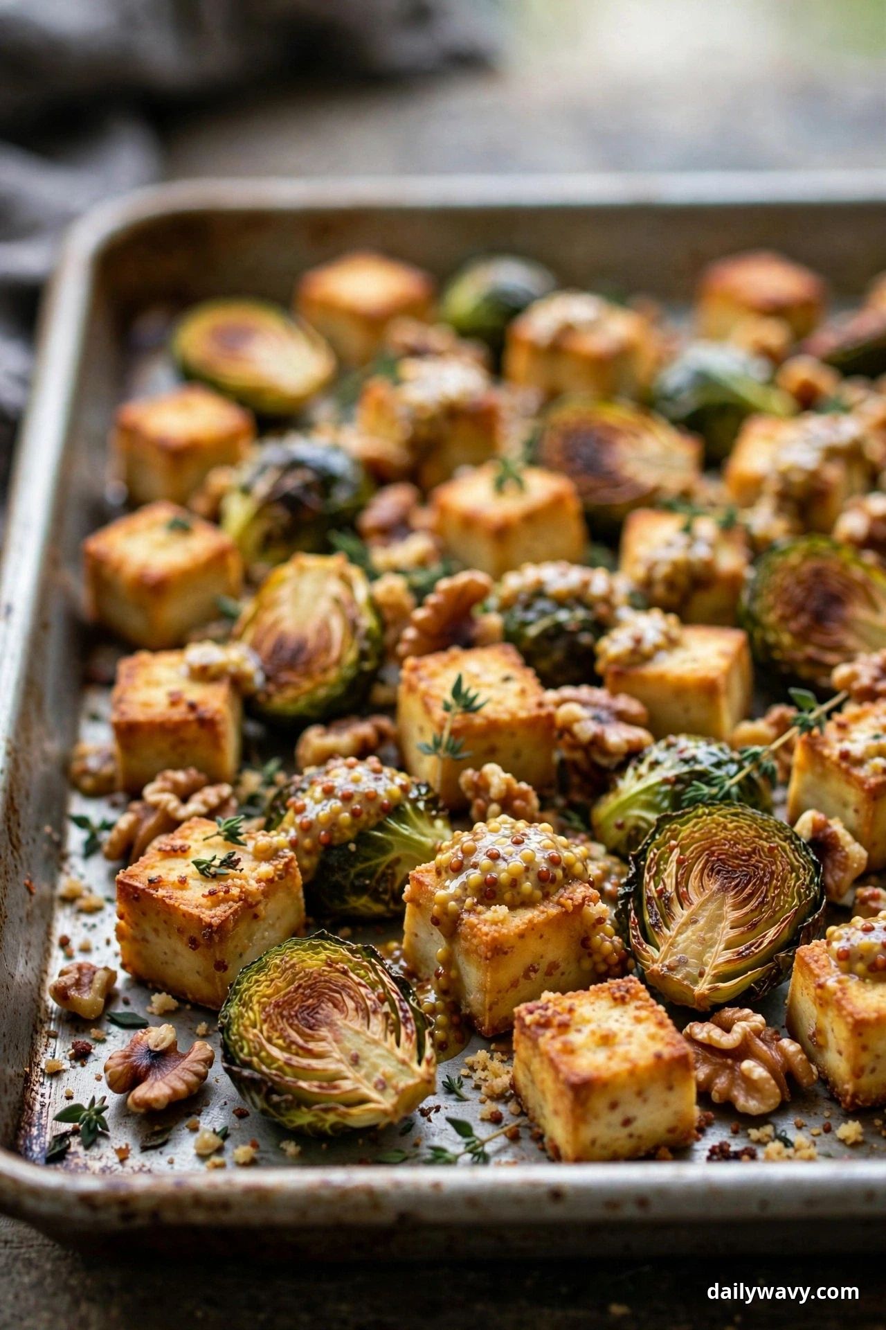 Caramelized halved Brussels sprouts and golden tofu cubes topped with whole-grain mustard glaze fill a sheet pan scattered with walnuts and fresh thyme leaves