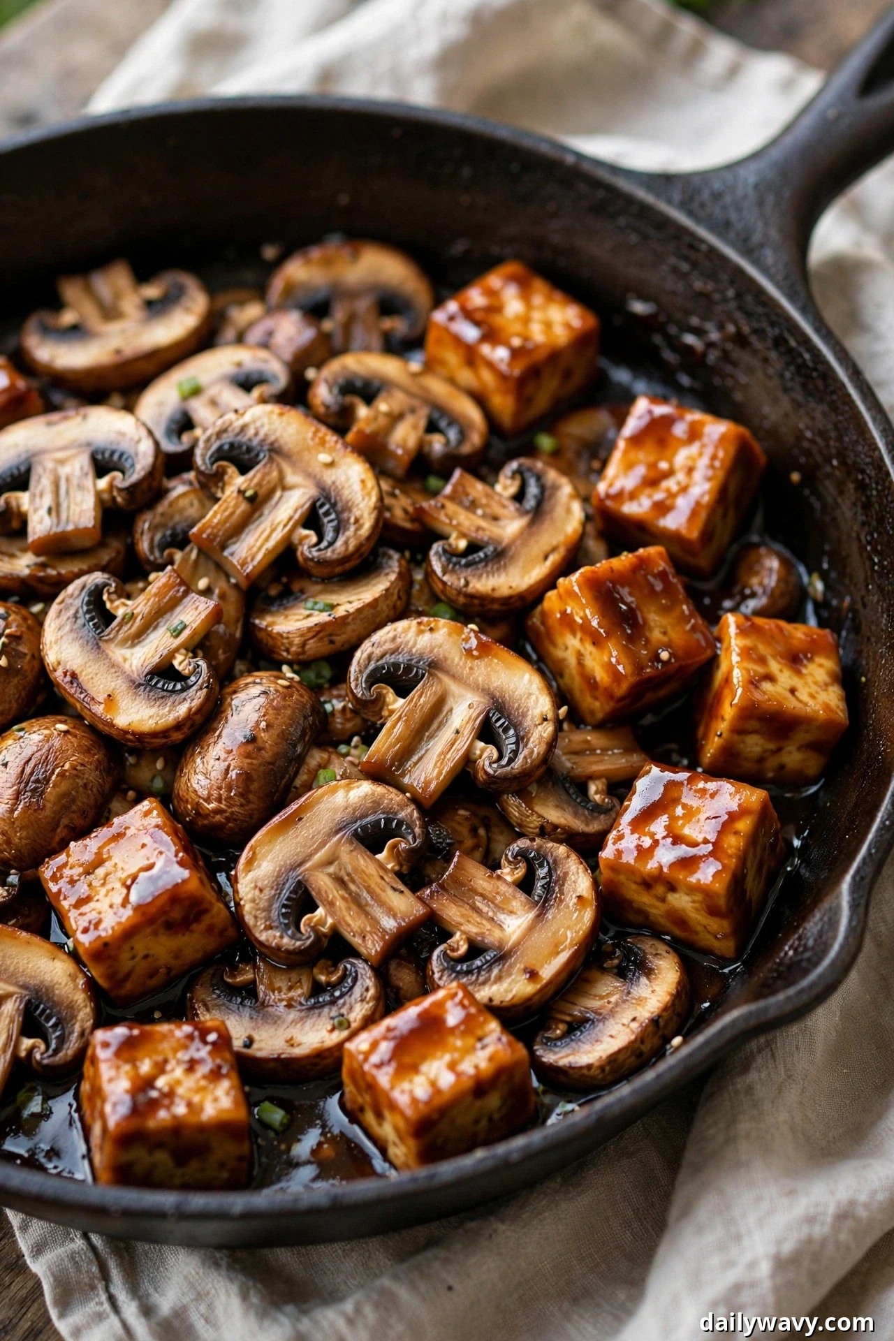 Glazed tofu cubes and halved cremini mushrooms glisten in a dark teriyaki sauce in a cast-iron skillet.