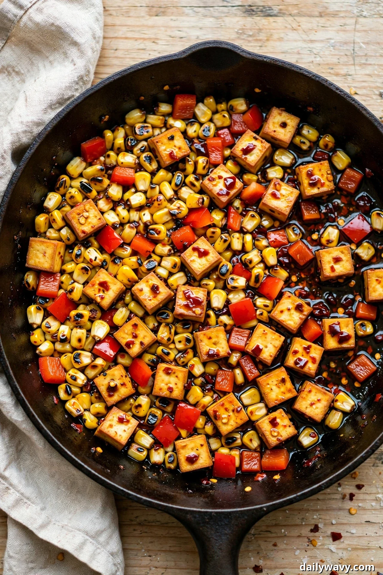 Small golden tofu cubes, charred corn kernels, and diced red bell pepper glisten with chili crisp oil in a cast-iron skillet.