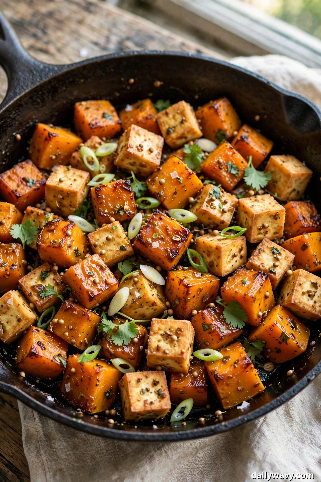 Caramelized butternut squash cubes and golden tofu cubes are scattered with sliced scallions in a cast-iron skillet.