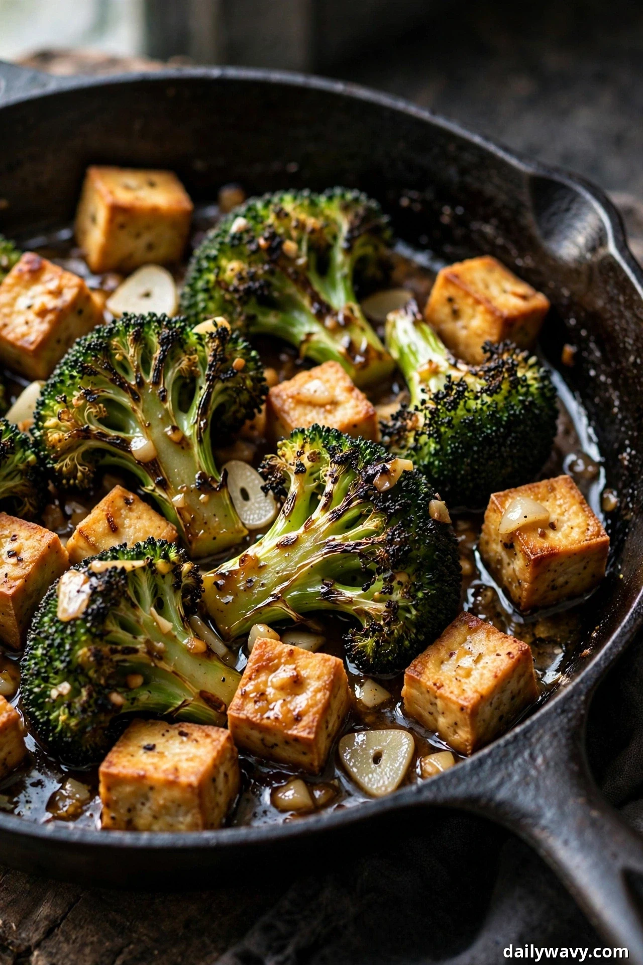 Charred broccoli florets, golden tofu cubes, and sliced garlic cloves glisten in a savory sauce in a cast-iron skillet.