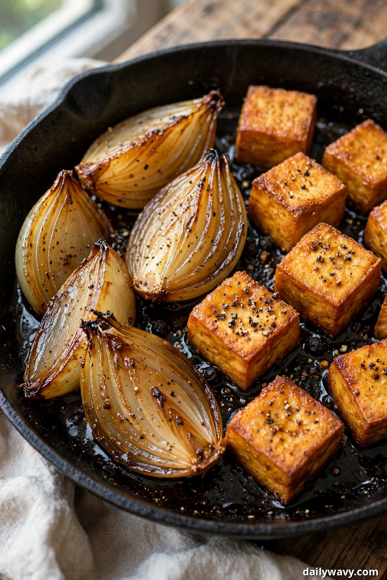 Golden tofu cubes speckled with cracked black pepper sit beside caramelized onion wedges in a cast-iron skillet.