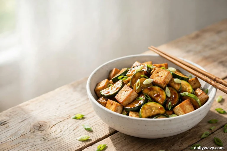 A speckled white bowl of golden tofu cubes and zucchini half-moons in a glossy miso glaze, scattered with sliced scallions and served with wooden chopsticks resting on the rim