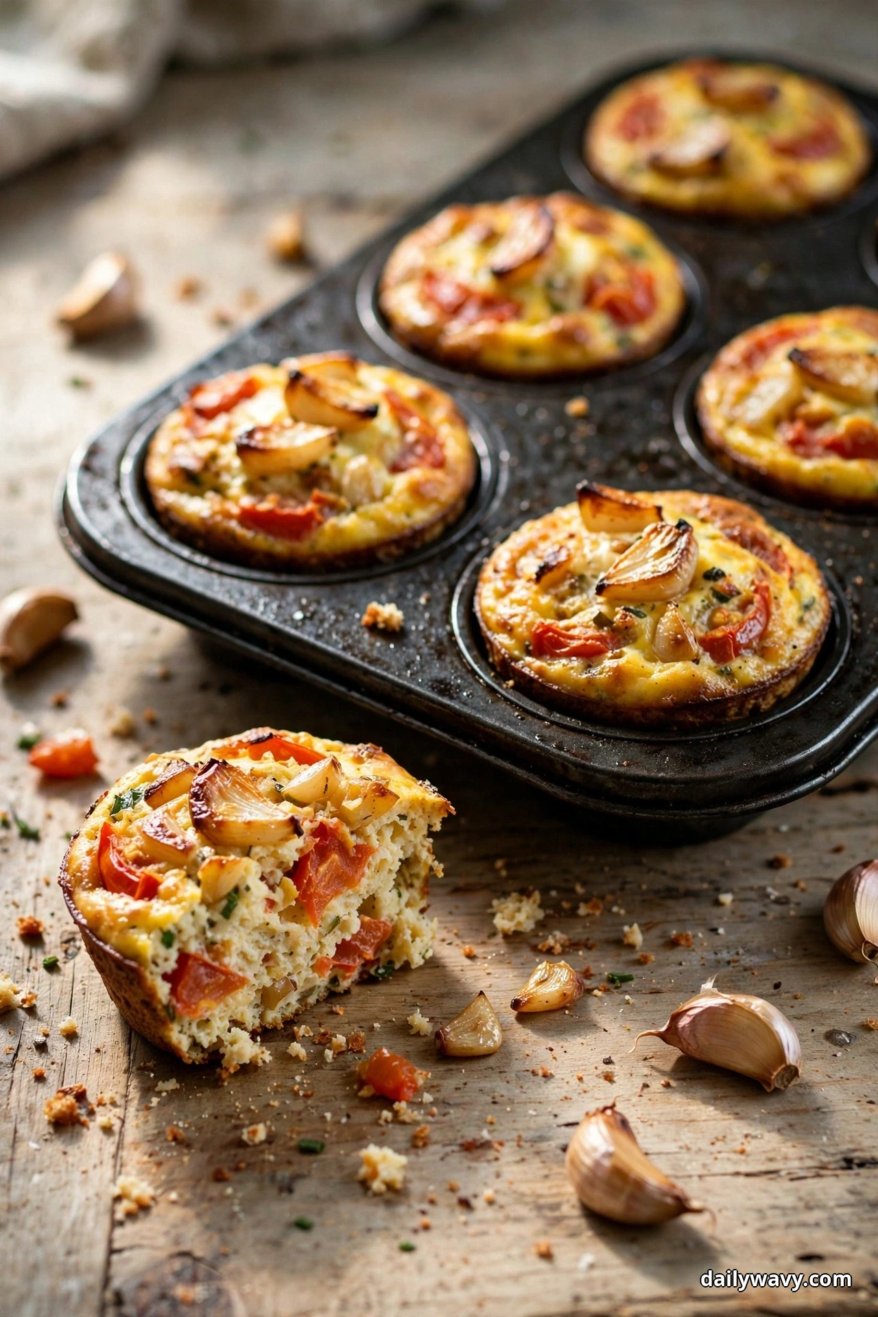 Tomato egg muffins topped with roasted garlic cloves and tomato pieces sit in a muffin tray on a wooden table, with one muffin cut open in front showing the soft tomato-studded interior and loose garlic cloves scattered nearby
