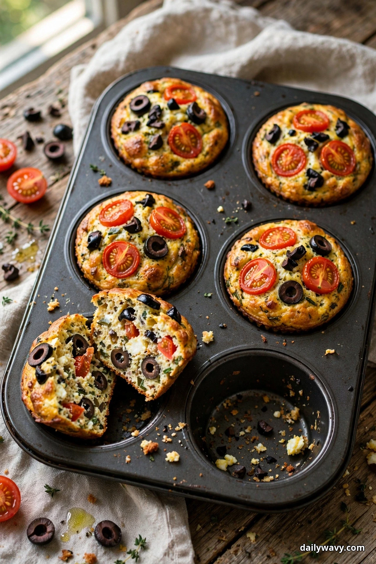 Seen from above, tomato egg muffins topped with halved cherry tomatoes and sliced black olives fill a muffin tray, with one muffin cut in half in an emptied cup showing the olives inside