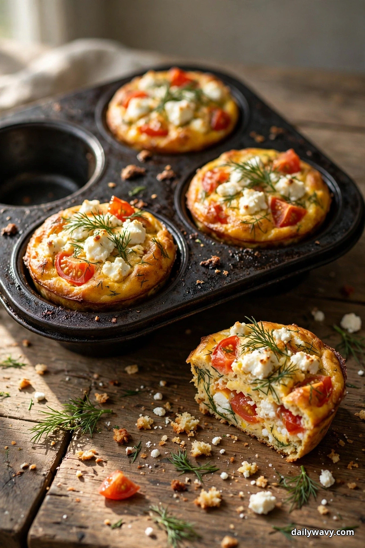 Tomato egg muffins topped with crumbled feta and fresh dill sit in a muffin tray, with one muffin cut open beside the tray showing the feta and tomato pieces inside