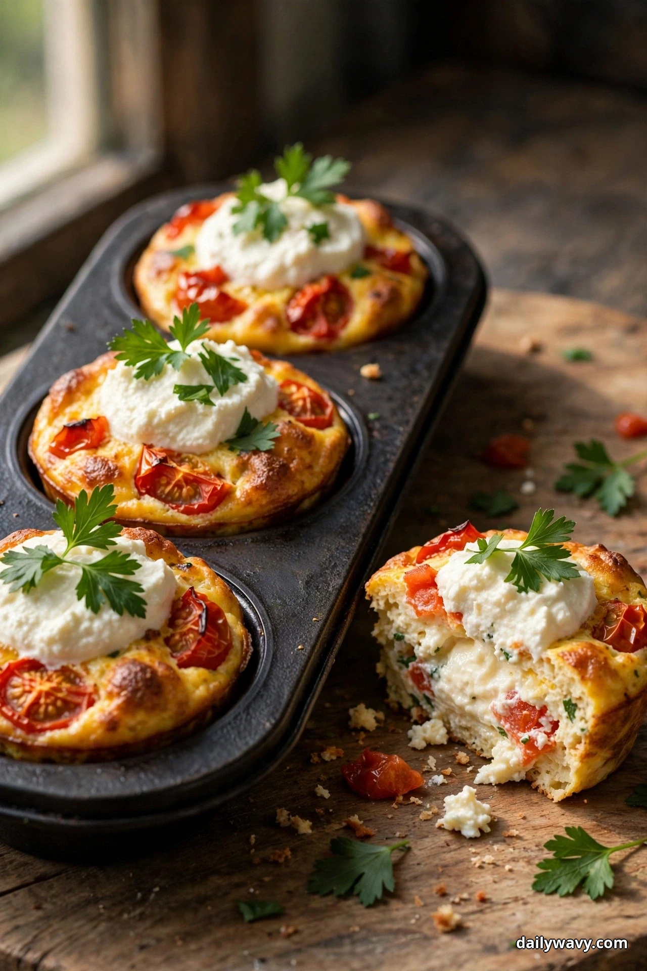 Tomato egg muffins topped with creamy ricotta dollops and parsley leaves sit in a muffin tray on a wooden table, with one muffin cut open beside the tray showing the creamy ricotta and tomato inside