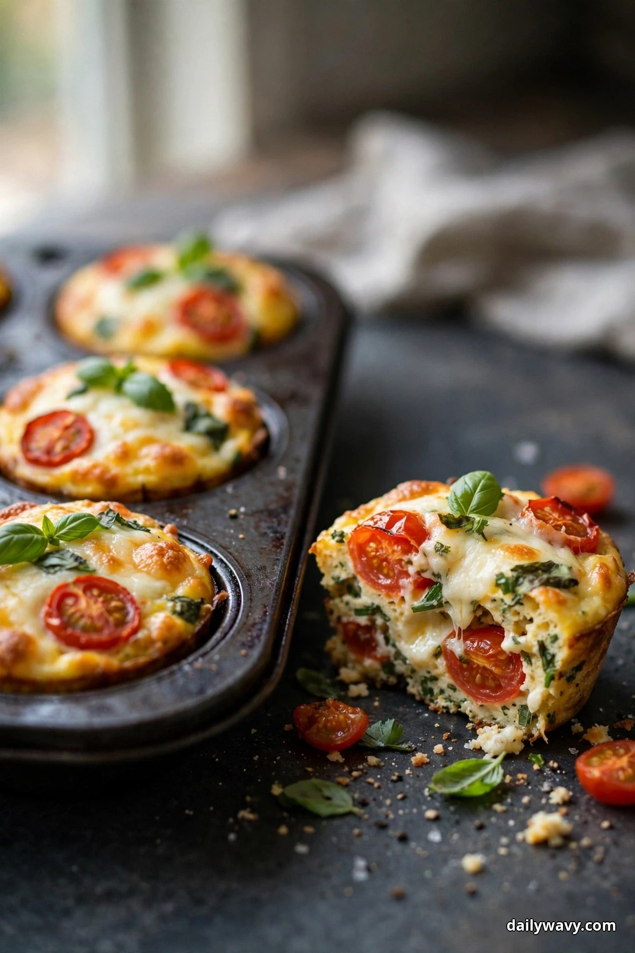 Tomato egg muffins topped with melted mozzarella and basil leaves sit in a muffin tray, with one muffin cut open beside the tray showing the stretchy cheese and tomato pieces inside
