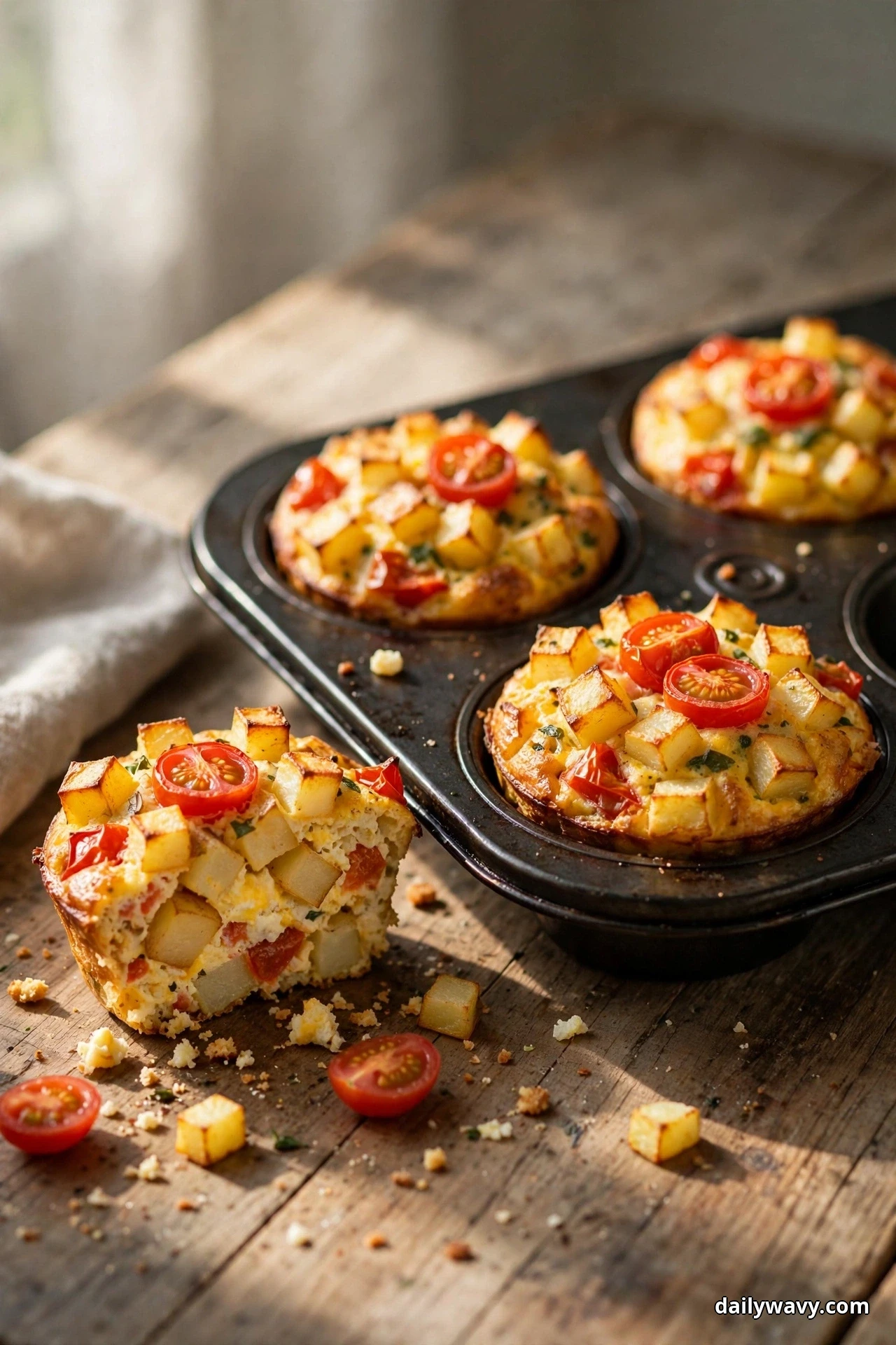 Tomato egg muffins studded with golden potato cubes and halved cherry tomatoes sit in a muffin tray, with one muffin cut open beside the tray showing the potato cubes inside