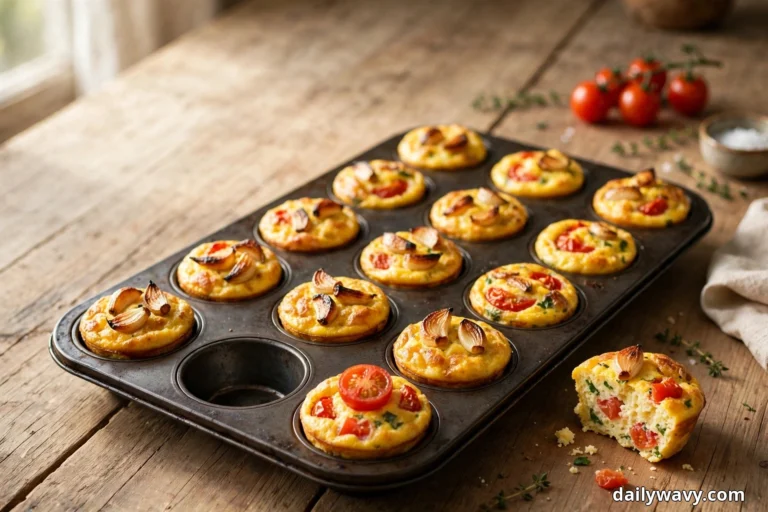 A twelve-cup muffin tray of golden tomato egg muffins topped with roasted garlic cloves sits on a rustic wooden table, with one cup empty and one muffin cut open beside the tray showing the tomato pieces inside