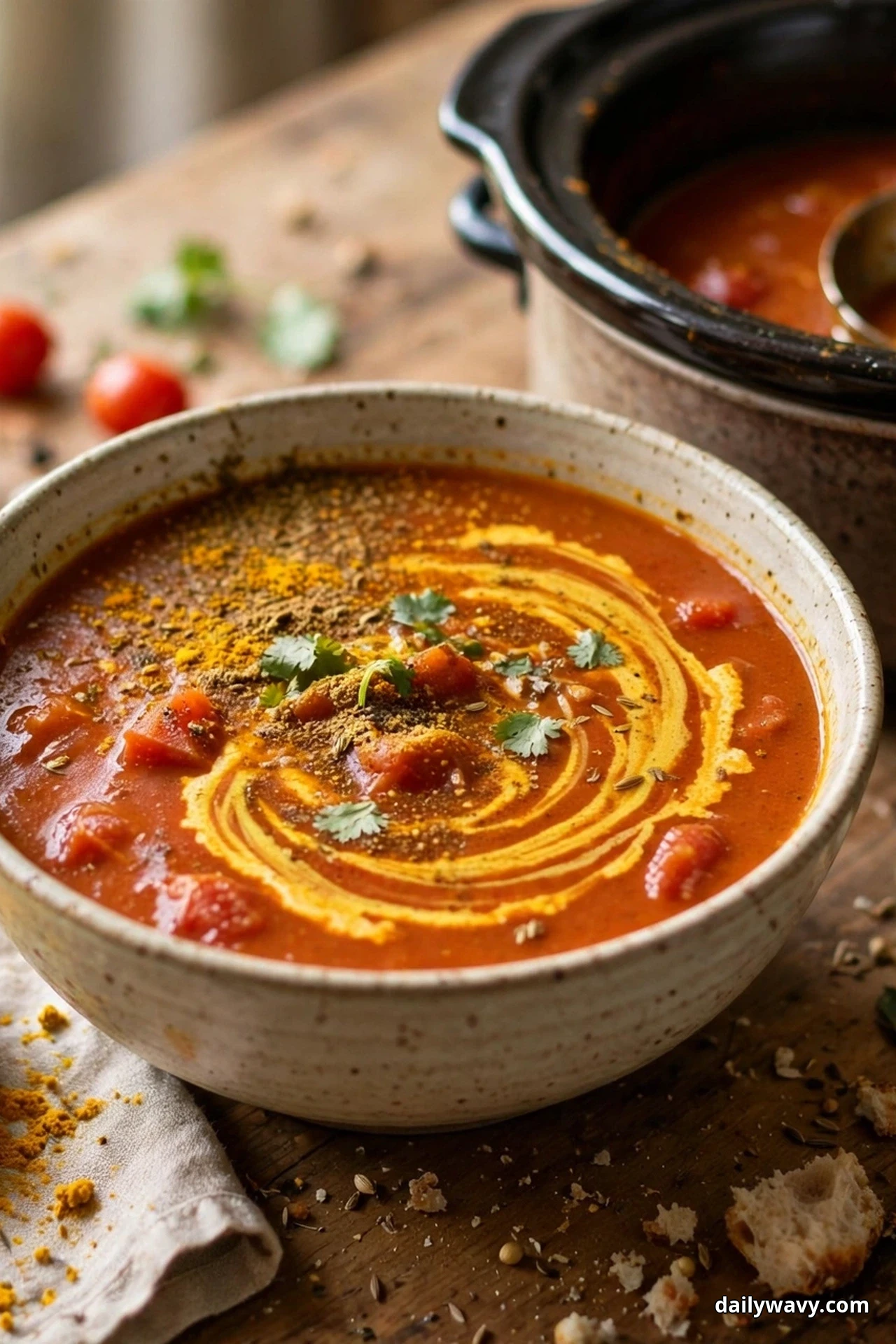 A speckled bowl of tomato soup with a golden swirl, a dusting of curry spices and cilantro leaves sits on a wooden table in front of a slow cooker
