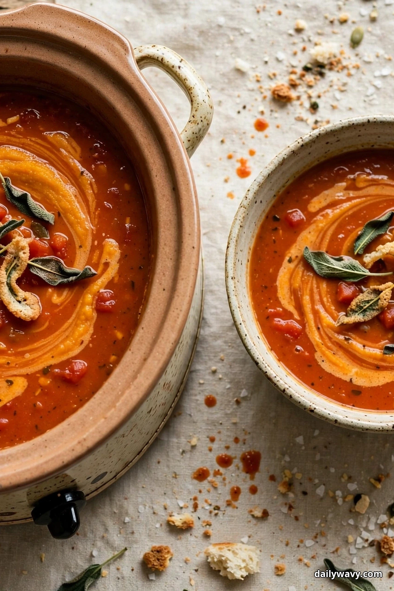 Seen from above, a slow cooker crock and a speckled bowl hold orange tomato soup with swirled pumpkin puree and fried sage leaves on top