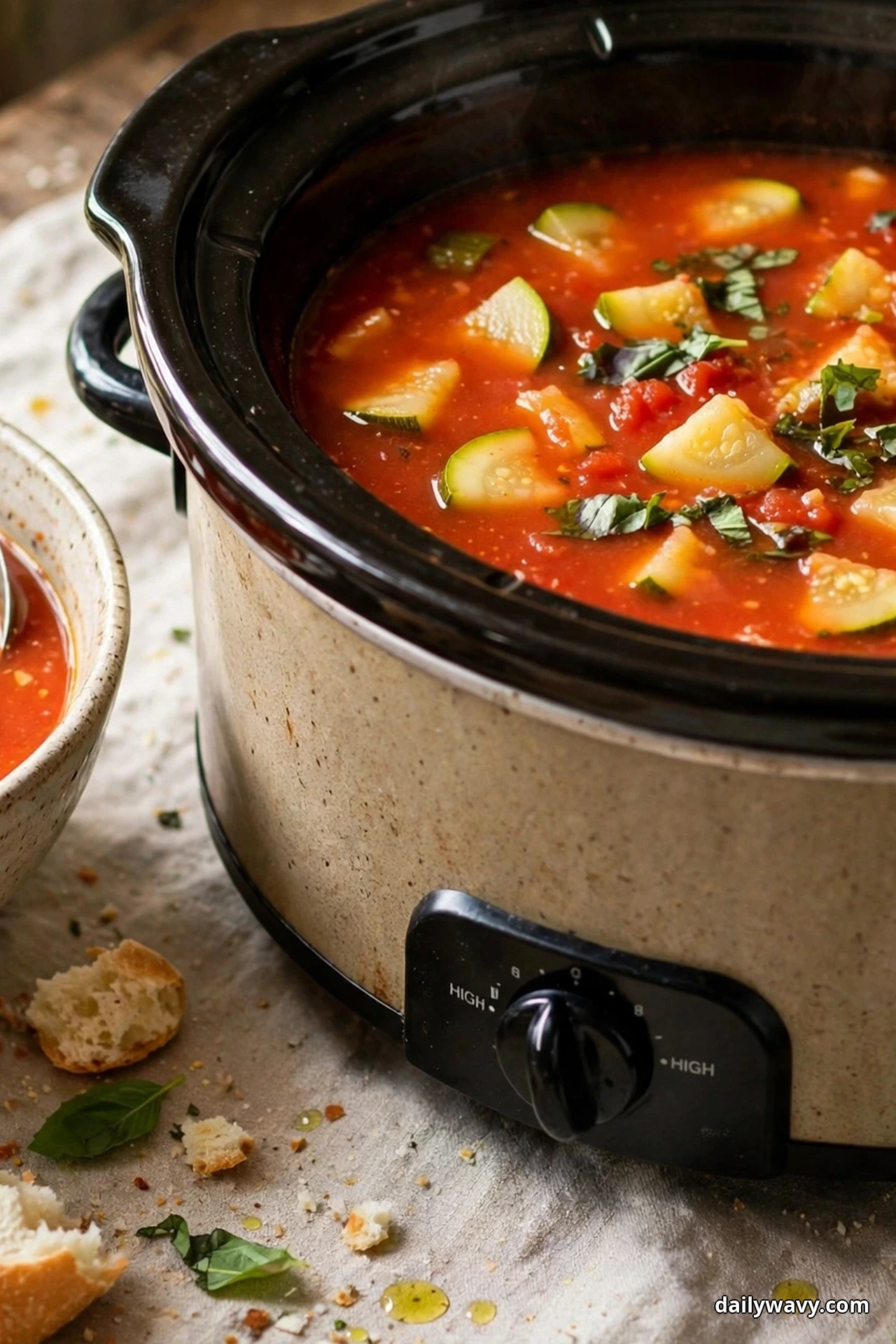 A slow cooker filled with tomato soup, zucchini chunks and torn basil leaves sits on linen beside a small bowl of the same soup