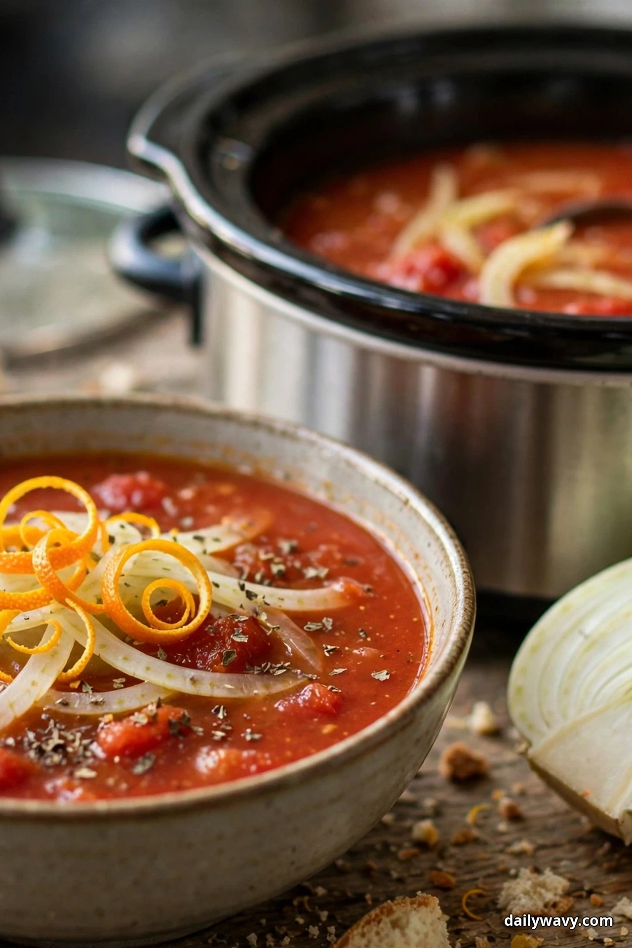 A speckled bowl of tomato soup topped with shaved fennel ribbons and orange zest curls sits in front of a slow cooker, with half a fennel bulb beside it