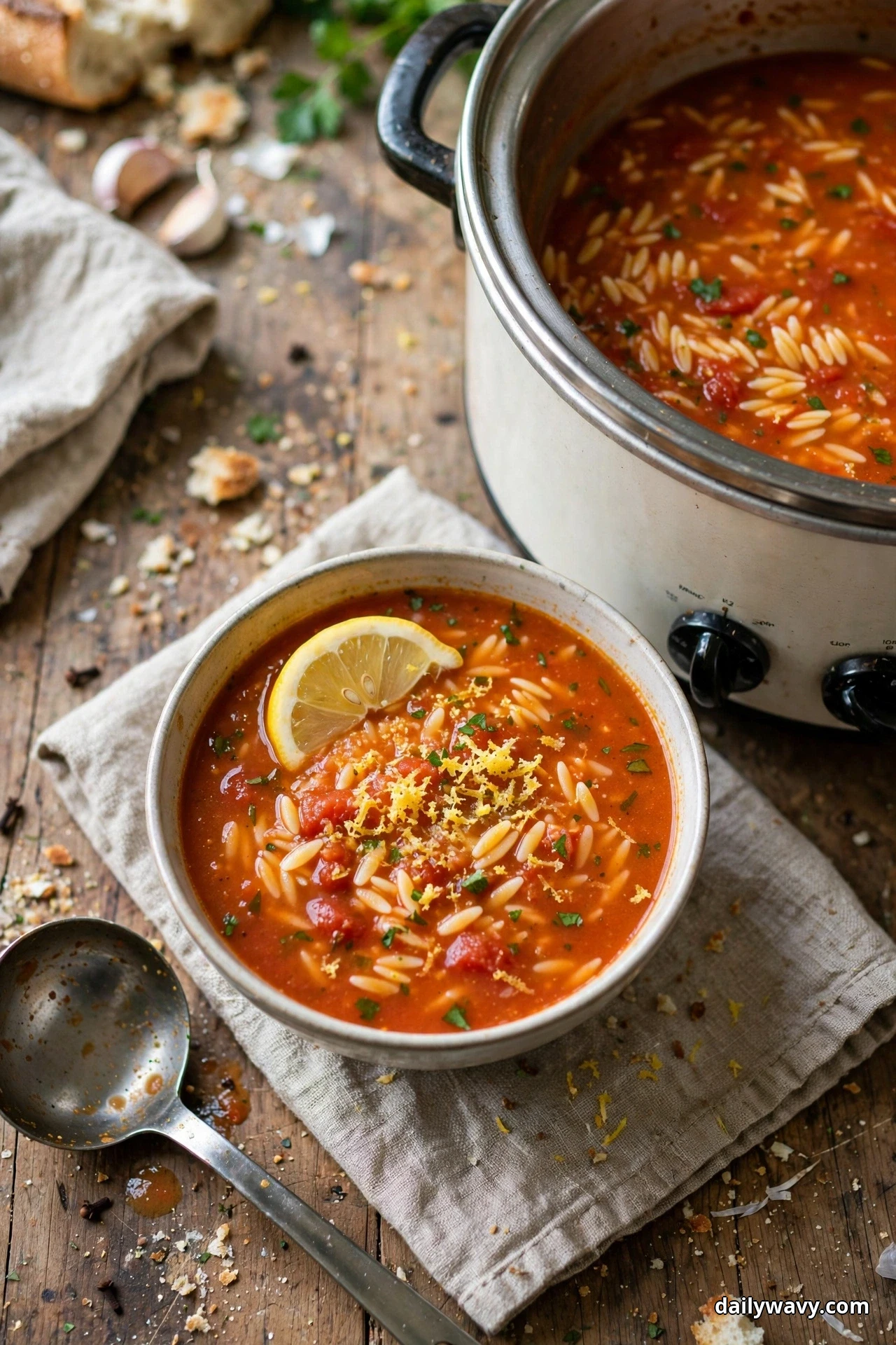 A bowl of tomato orzo soup with a lemon wedge and lemon zest on top sits on linen beside a slow cooker full of the same soup