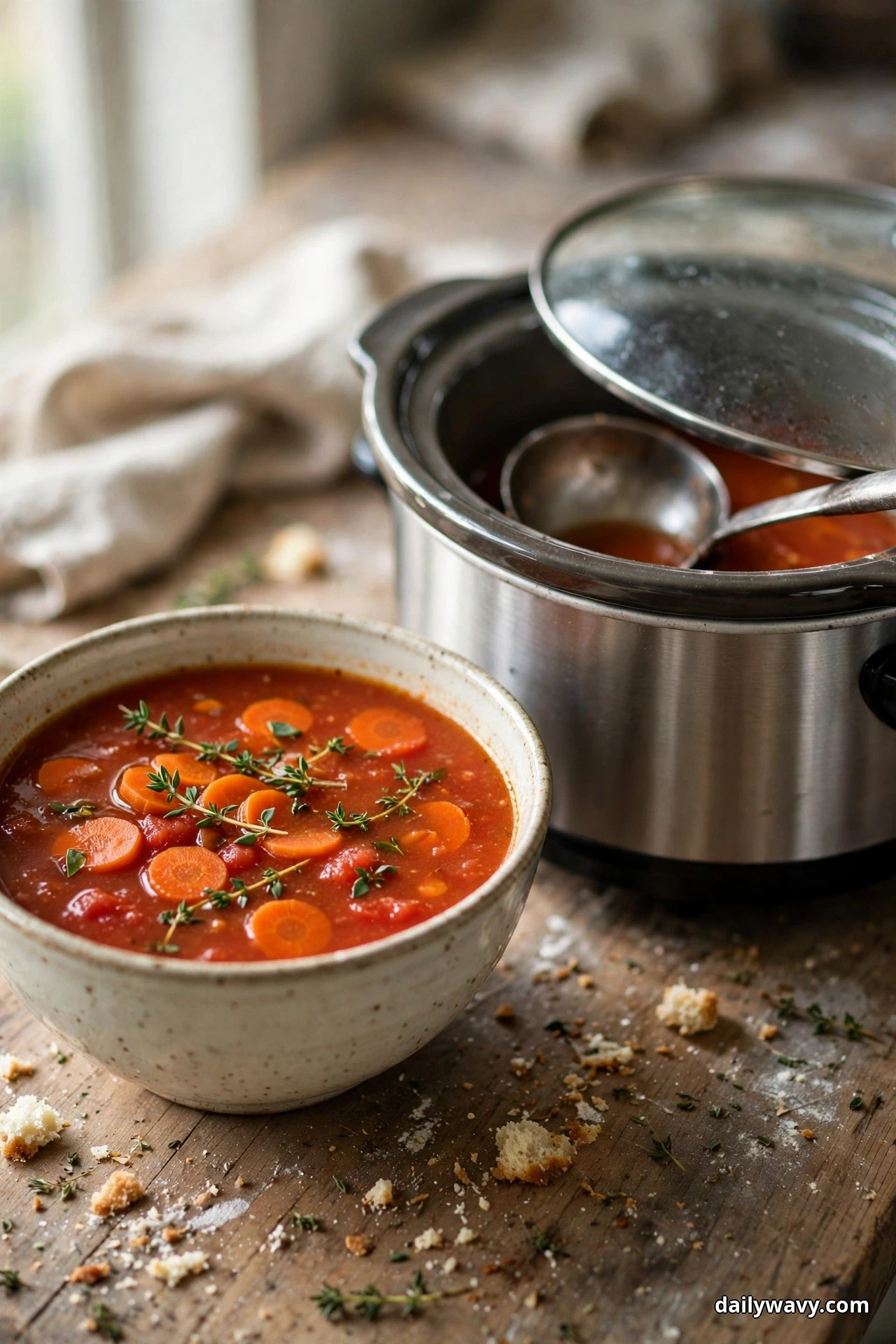 A speckled bowl of tomato soup with carrot rounds and fresh thyme sprigs sits on a wooden table beside an open slow cooker with a ladle inside