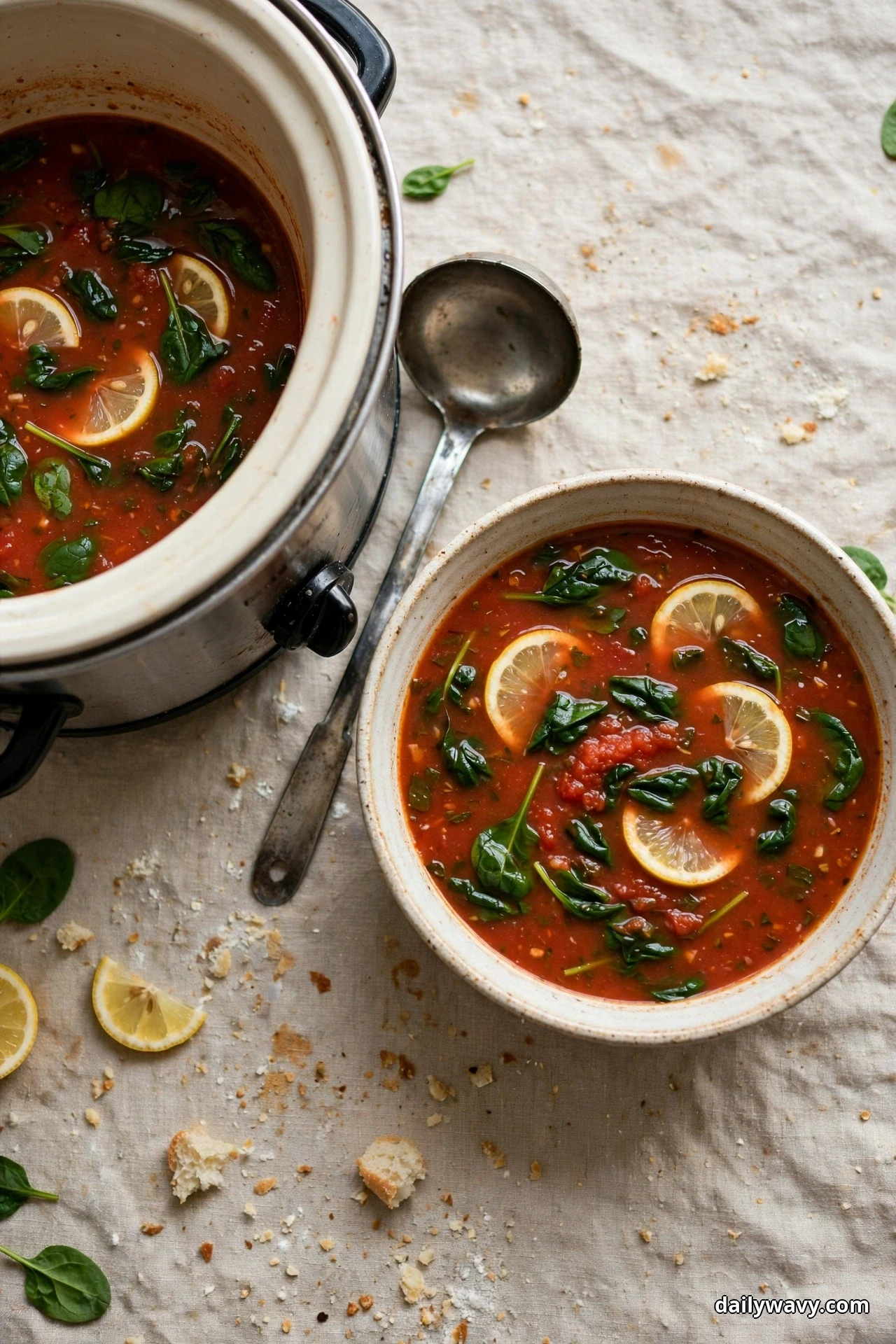 Seen from above, a slow cooker crock and a bowl of tomato soup with wilted spinach leaves and lemon slices sit on linen with a ladle between them