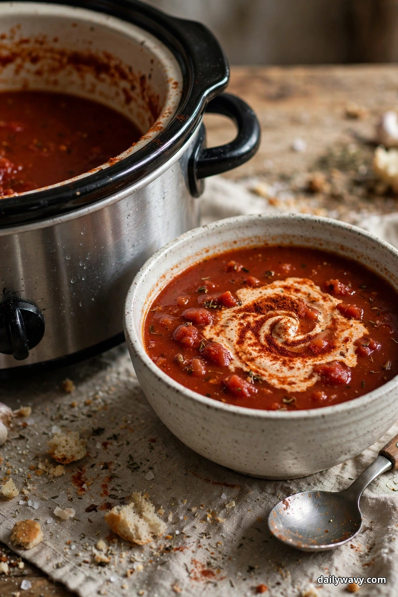 A speckled bowl of deep red tomato soup with a cream swirl and a dusting of smoked paprika sits on linen beside a slow cooker