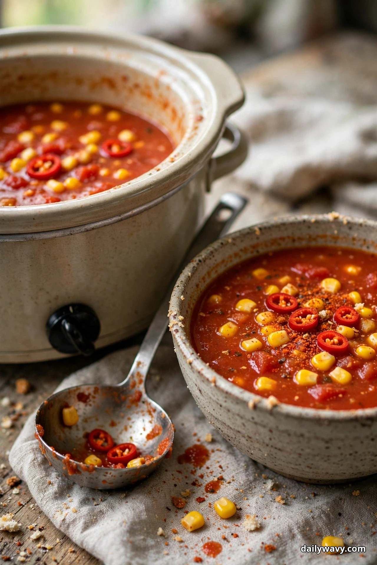 A speckled bowl and a slow cooker crock of tomato soup topped with corn kernels and red chili rings sit on a wooden table with a ladle beside them