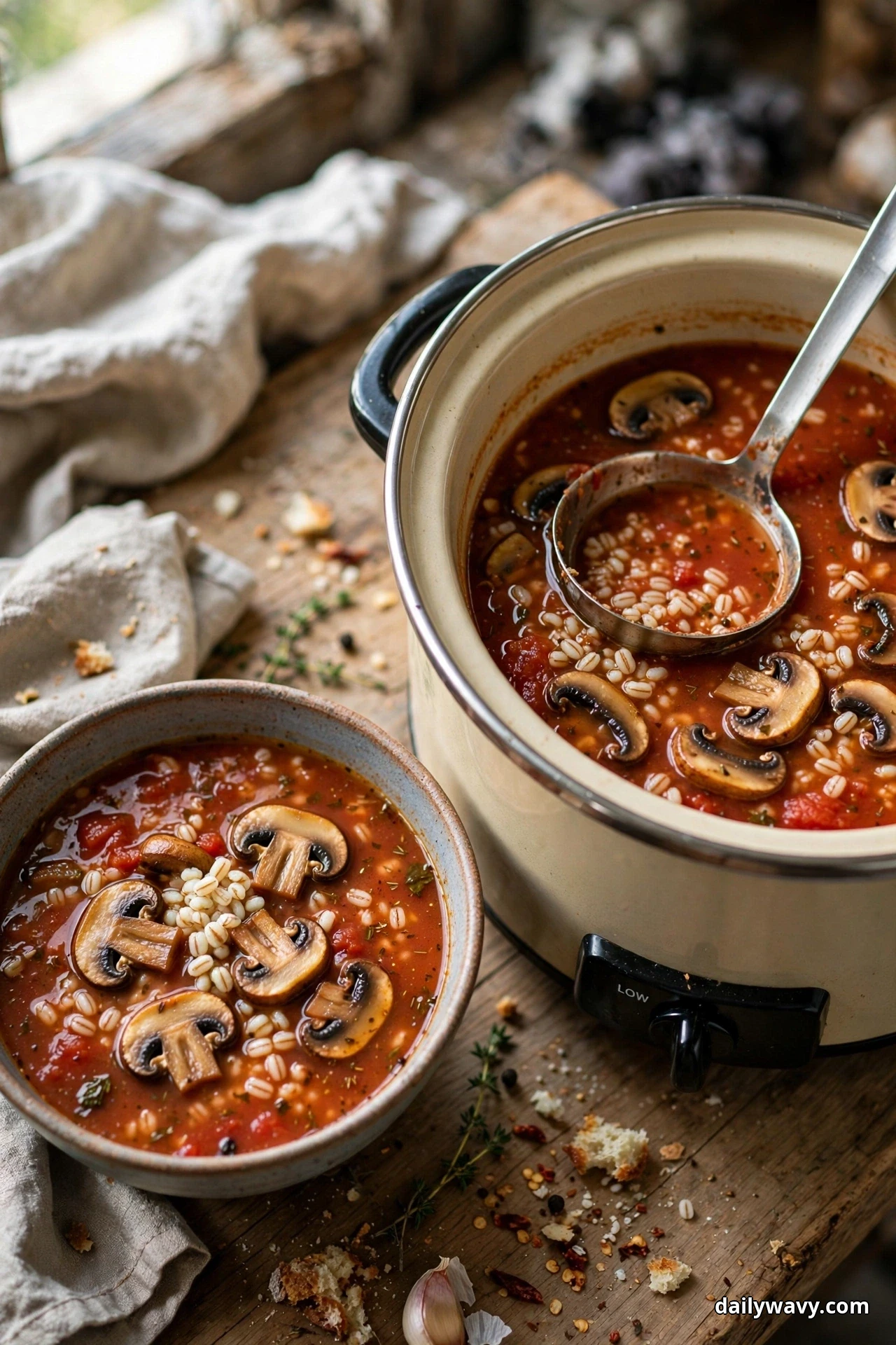 A slow cooker and a bowl of tomato soup with sliced mushrooms and pearl barley grains sit on a wooden table, a ladle resting in the crock