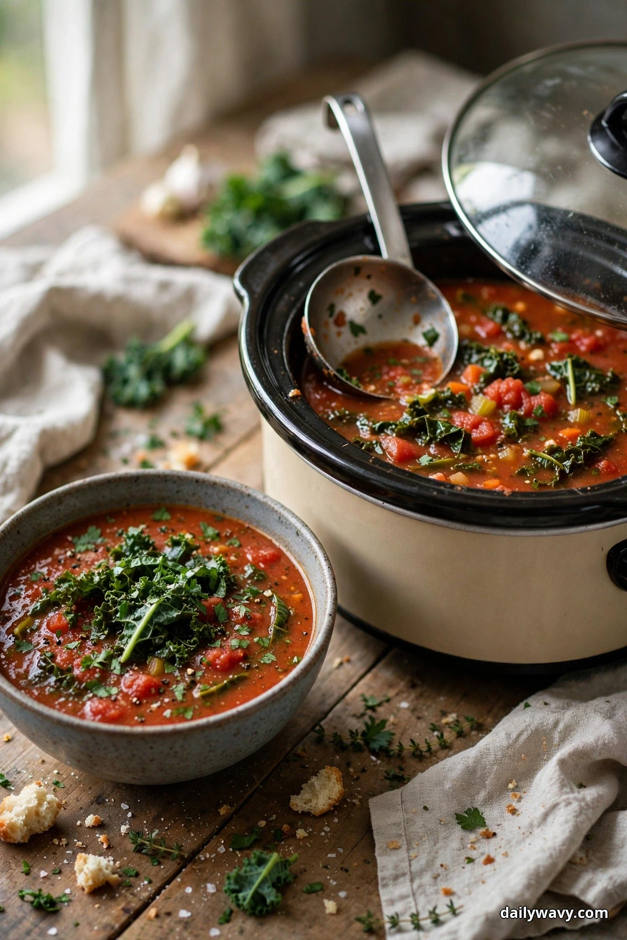 A slow cooker of tomato soup with wilted kale and a bowl topped with chopped kale sit on a wooden table beside a propped glass lid